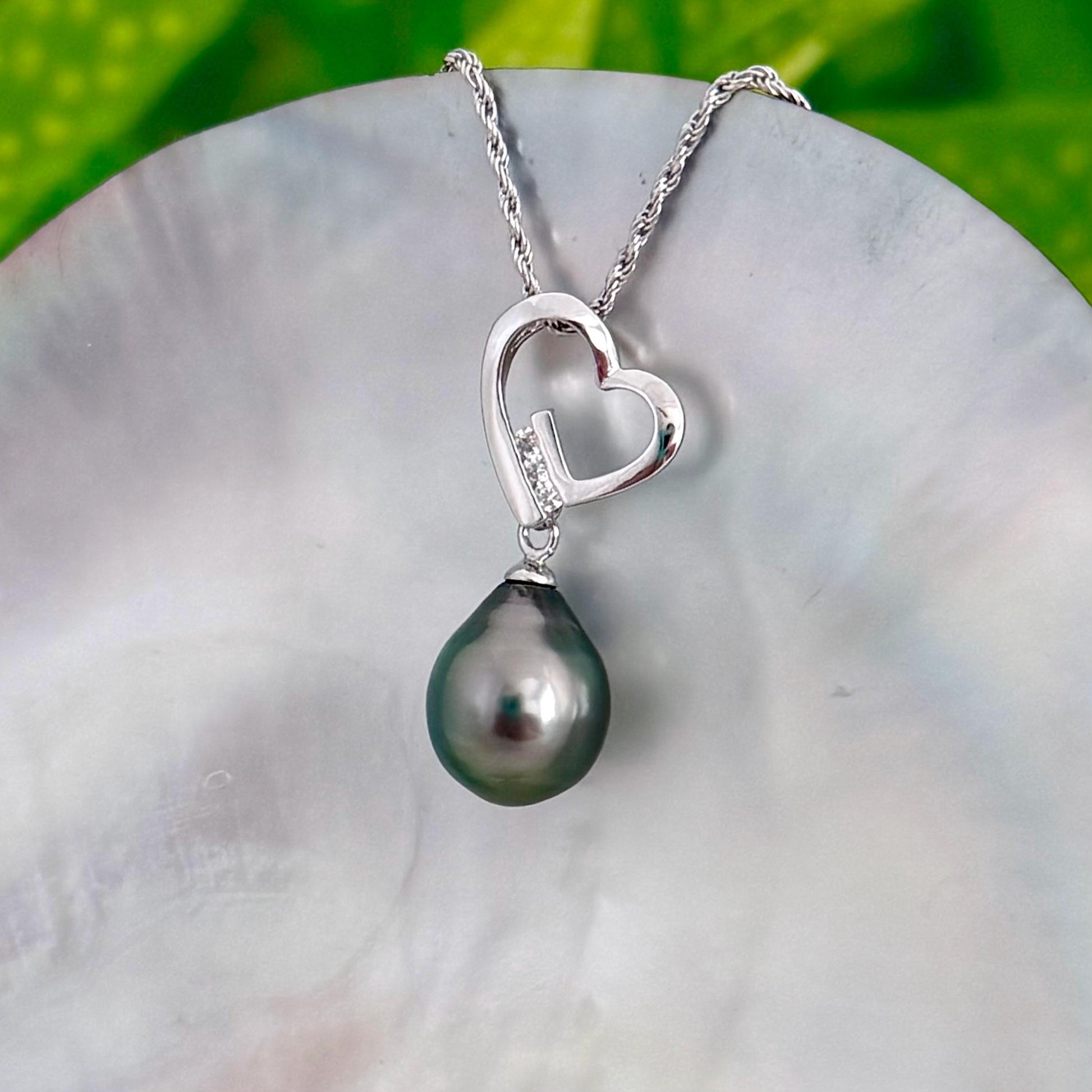 Tahitian Pearl Heart Necklace: Sterling Silver , CZ Accent pendant