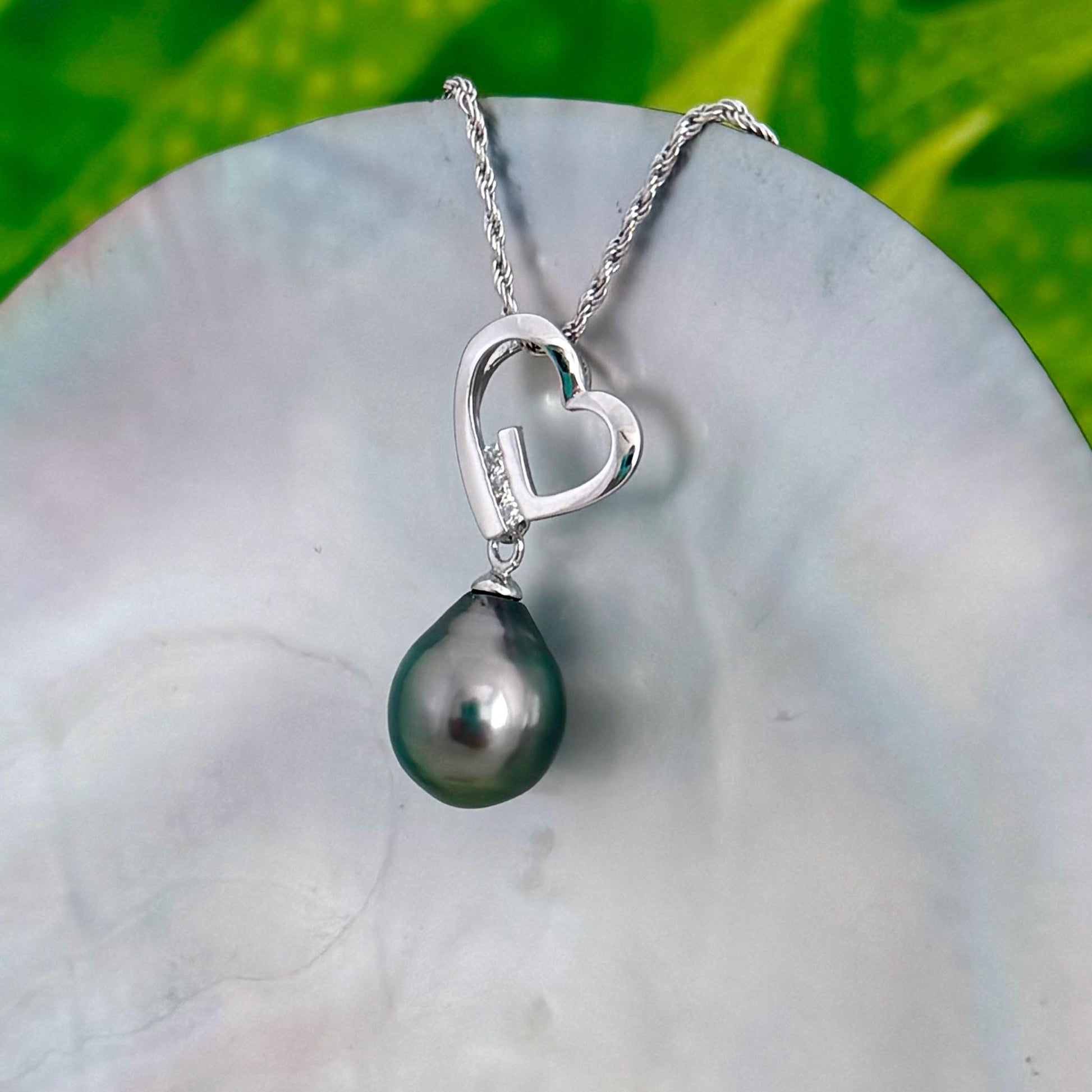 Tahitian Pearl Heart Necklace: Sterling Silver , CZ Accent pendant