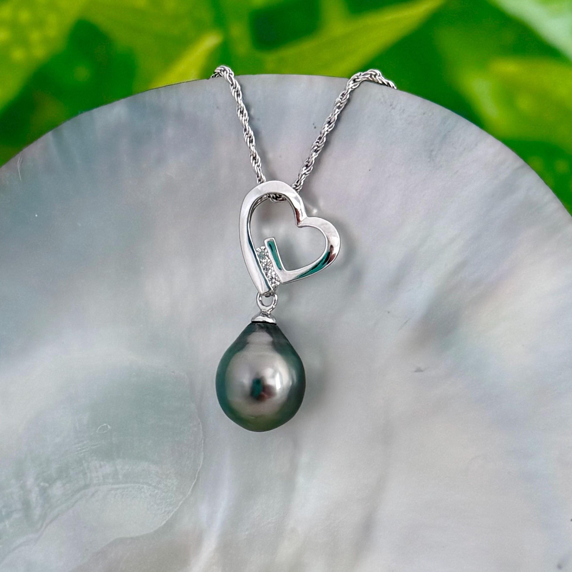 Tahitian Pearl Heart Necklace: Sterling Silver , CZ Accent pendant