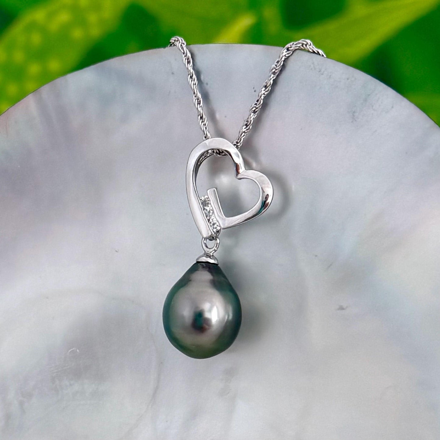 Tahitian Pearl Heart Necklace: Sterling Silver , CZ Accent pendant