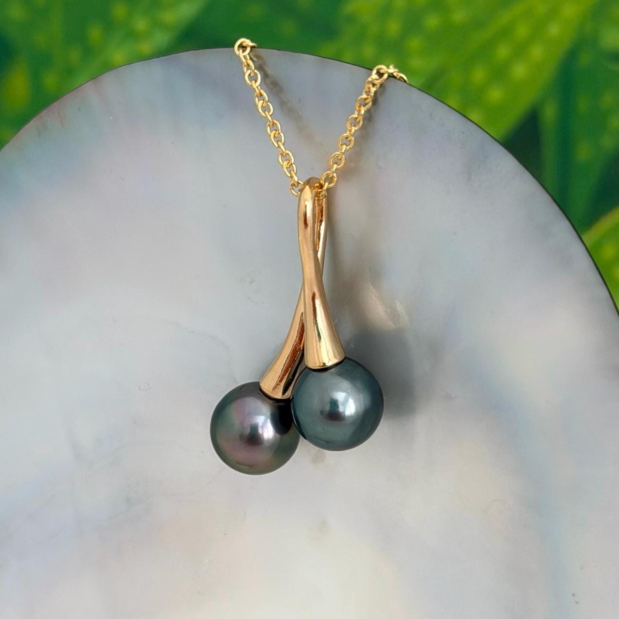 Tahitian pearl necklace • Double pendant • Gold Duo design • Blue and Peacock