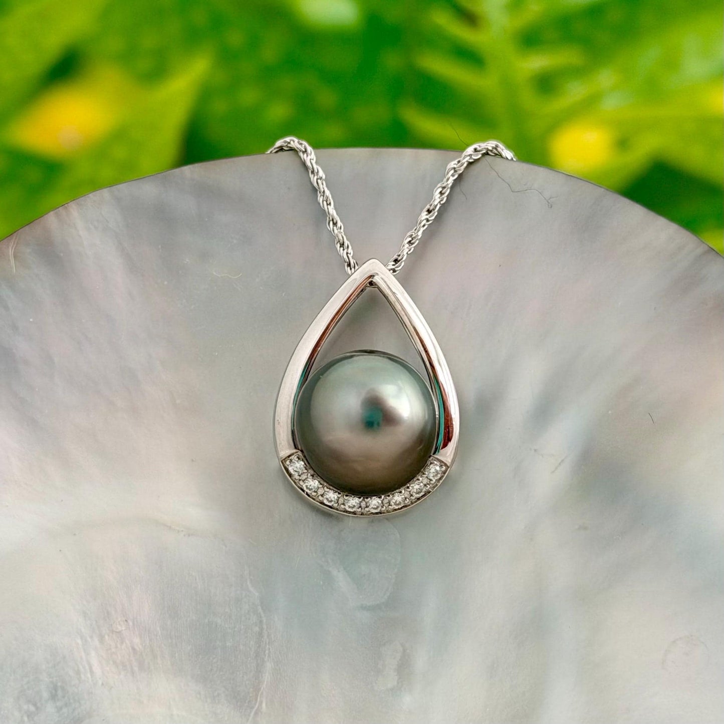 Teardrop Tahitian pearl pendant with beautiful light pearl • Statement necklace with CZ