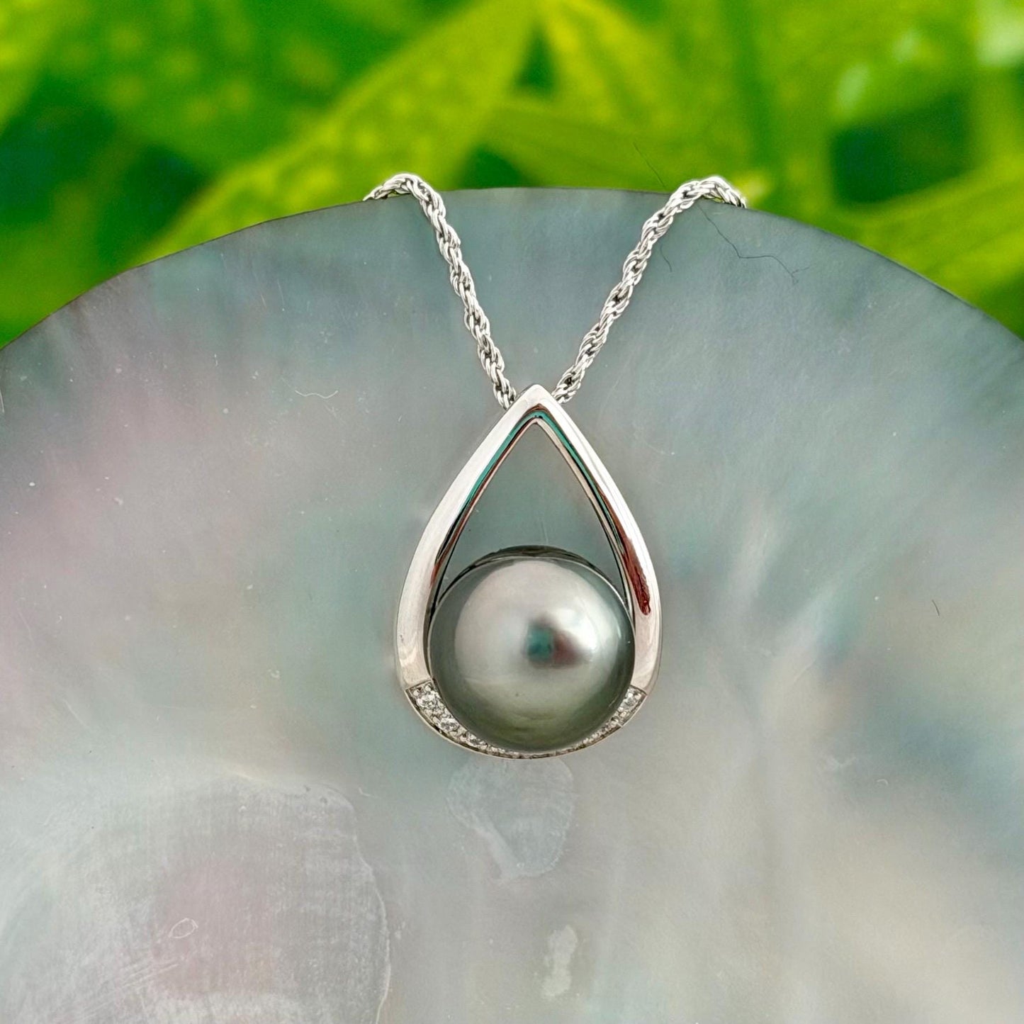 Teardrop Tahitian pearl pendant with beautiful light pearl • Statement necklace with CZ