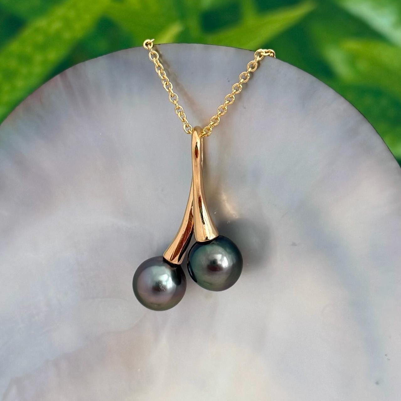 Tahitian pearl necklace • Duo pendant • Gold Double design • Peacock Green and Pink