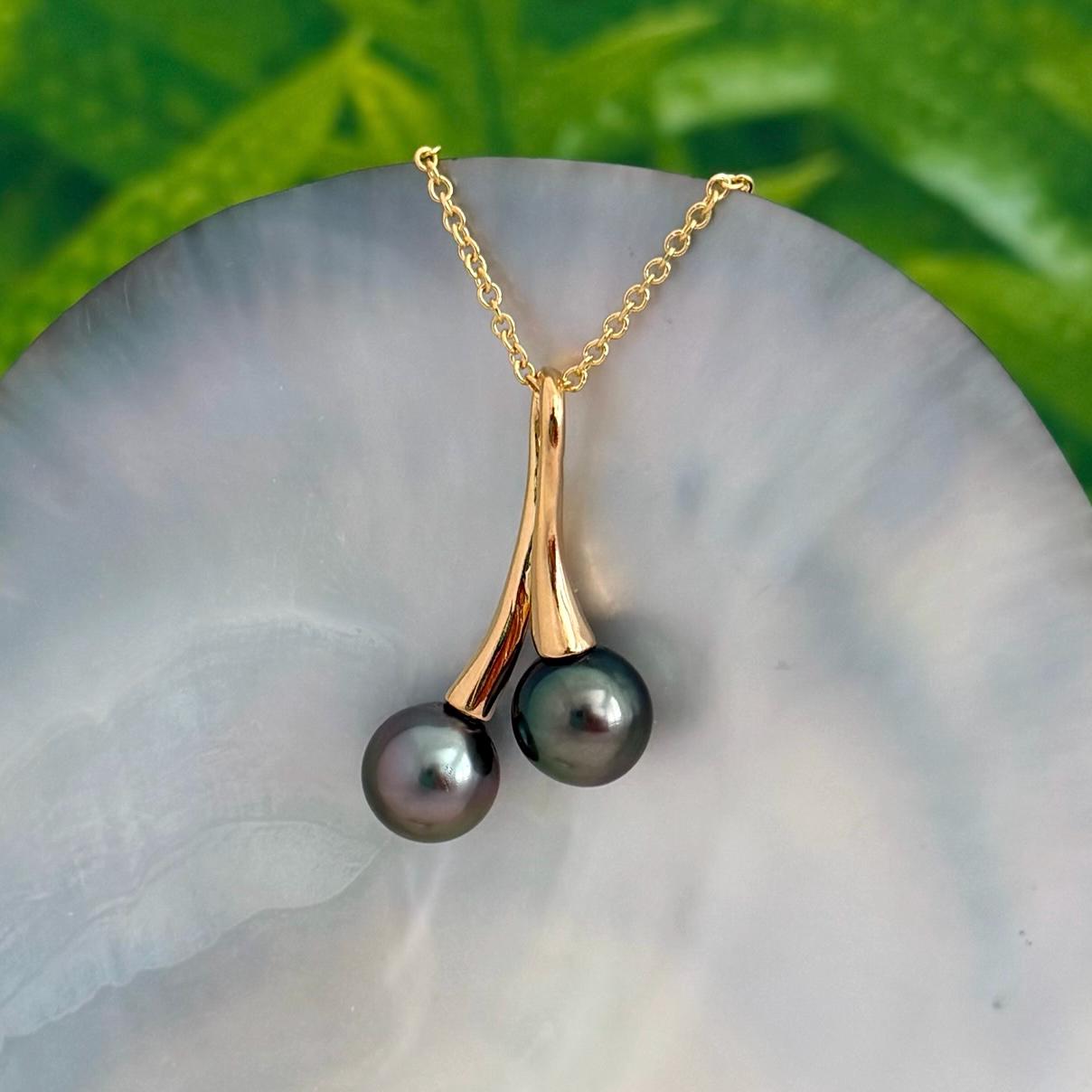 Tahitian pearl necklace • Duo pendant • Gold Double design • Peacock Green and Pink