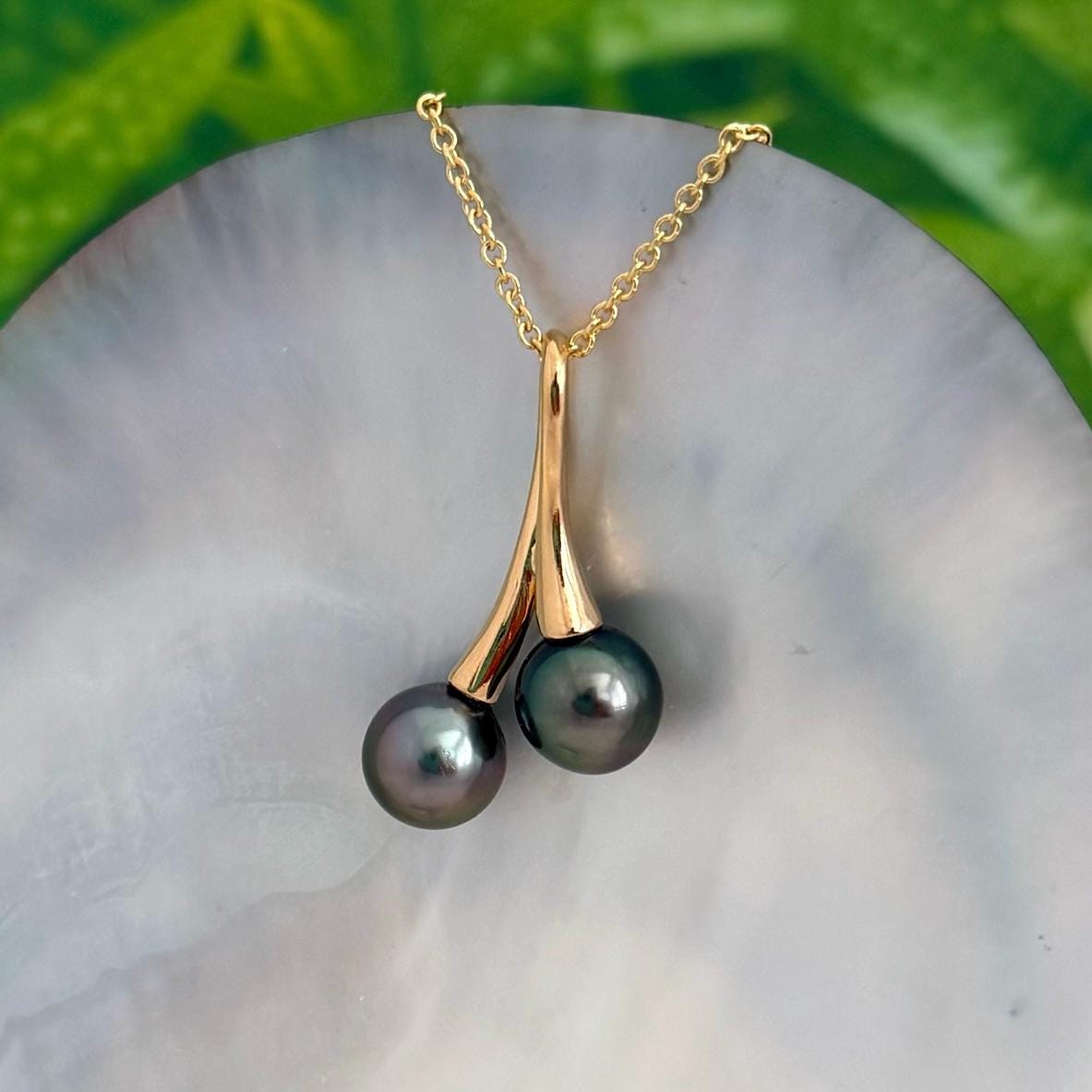 Tahitian pearl necklace • Duo pendant • Gold Double design • Peacock Green and Pink