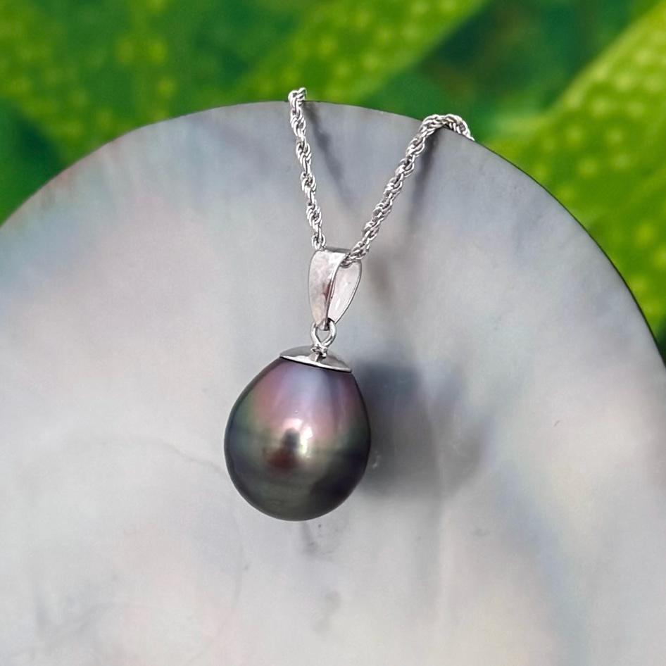 11.8mm Tahitian Pearl Pendant: Solid white Gold necklace • Peacock teardrop