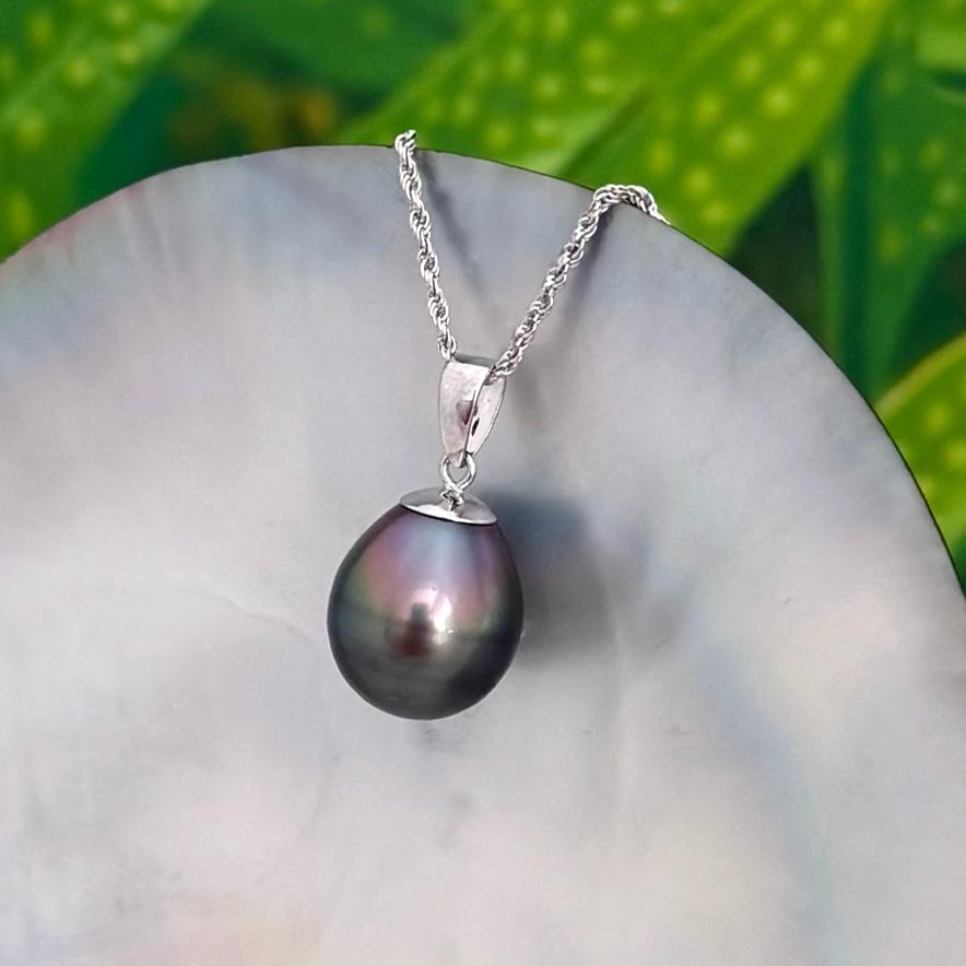 11.8mm Tahitian Pearl Pendant: Solid white Gold necklace • Peacock teardrop