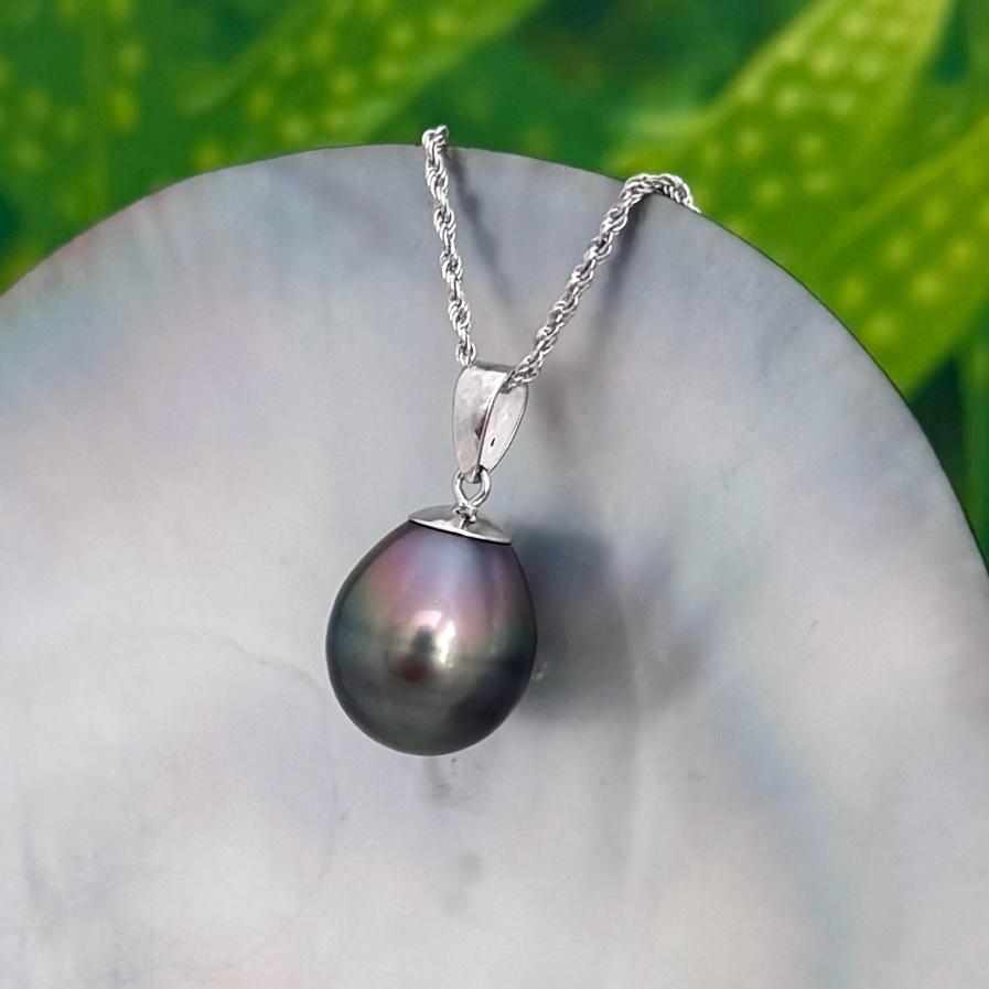 11.8mm Tahitian Pearl Pendant: Solid white Gold necklace • Peacock teardrop