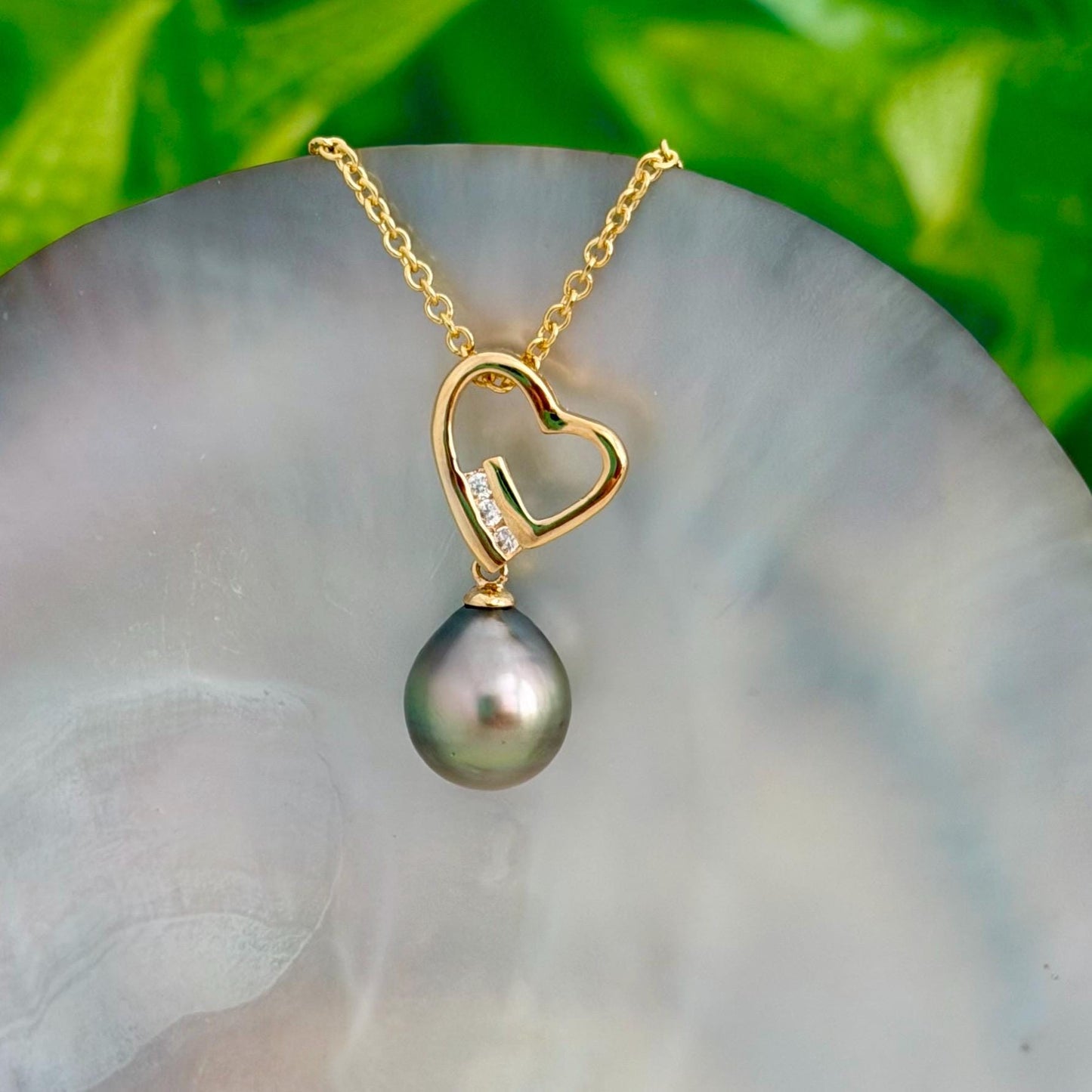 Tahitian Pearl Heart Necklace: Gold plated, CZ Accent pendant • Gold pearl