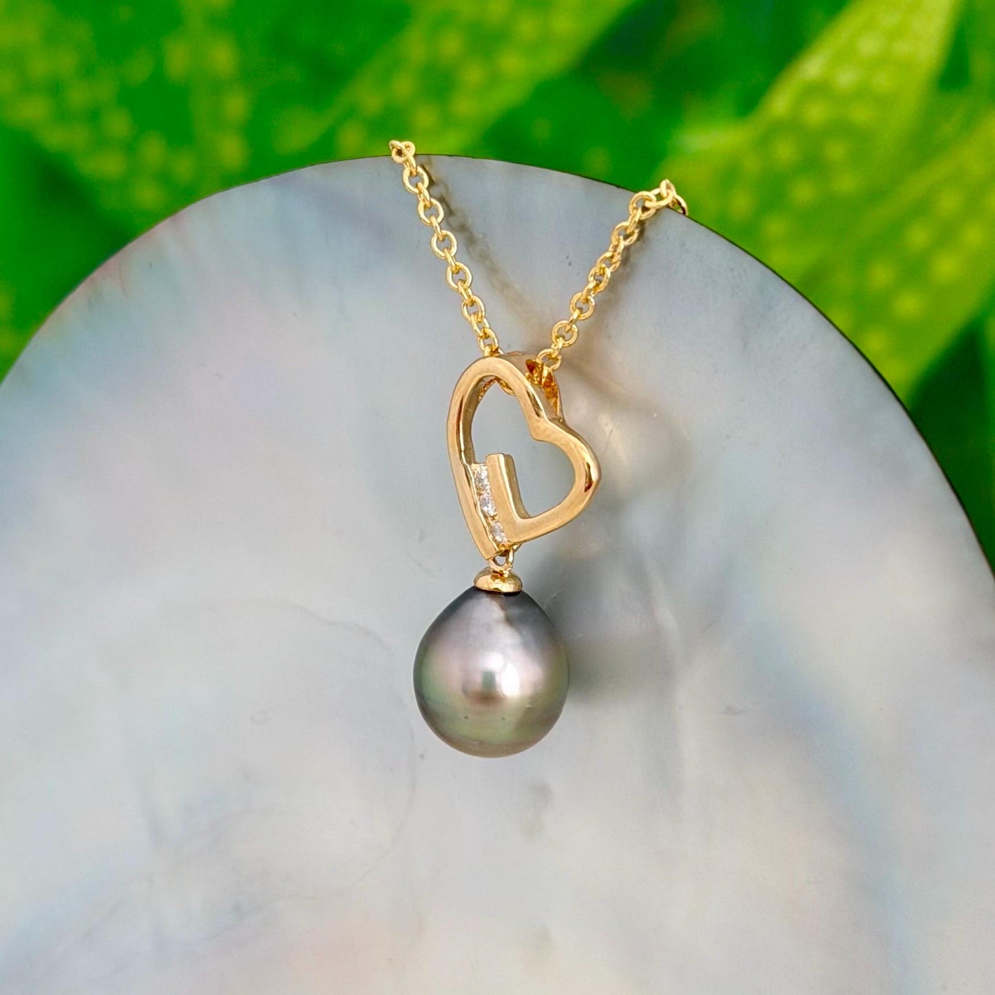 Tahitian Pearl Heart Necklace: Gold plated, CZ Accent pendant • Gold pearl
