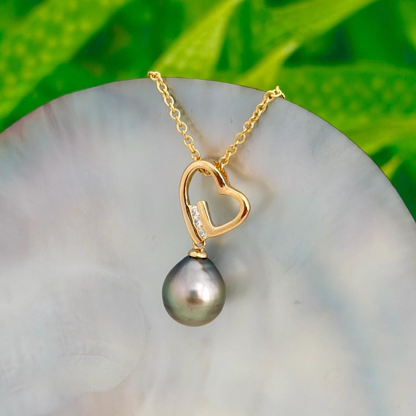 Tahitian Pearl Heart Necklace: Gold plated, CZ Accent pendant • Gold pearl