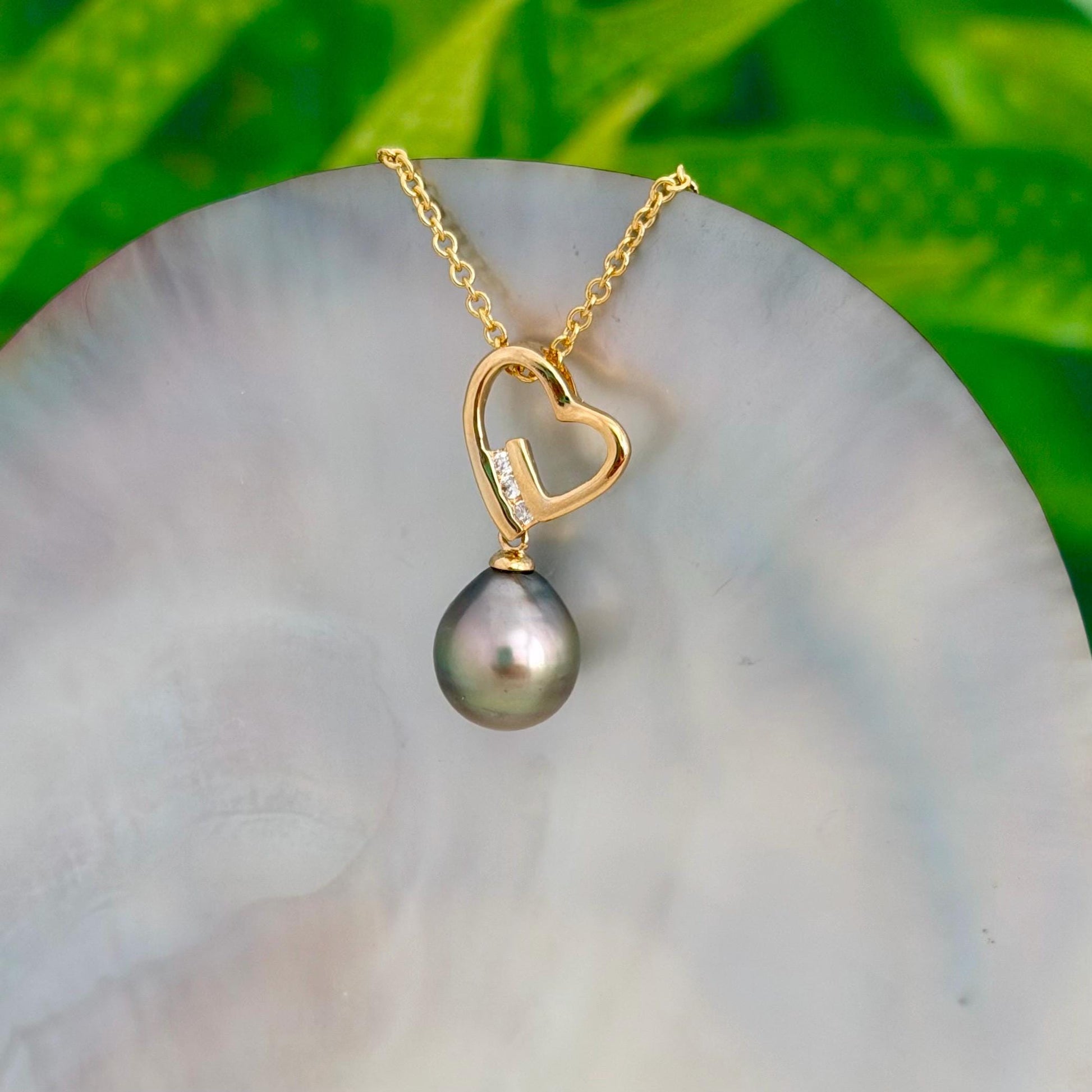 Tahitian Pearl Heart Necklace: Gold plated, CZ Accent pendant • Gold pearl
