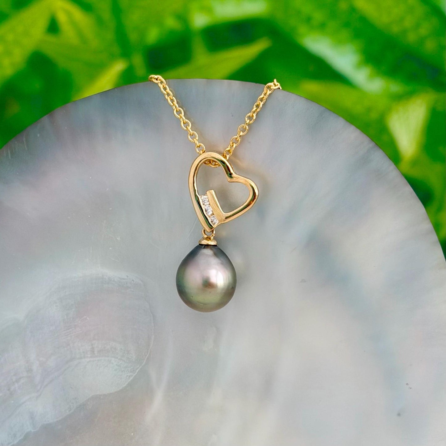 Tahitian Pearl Heart Necklace: Gold plated, CZ Accent pendant • Gold pearl