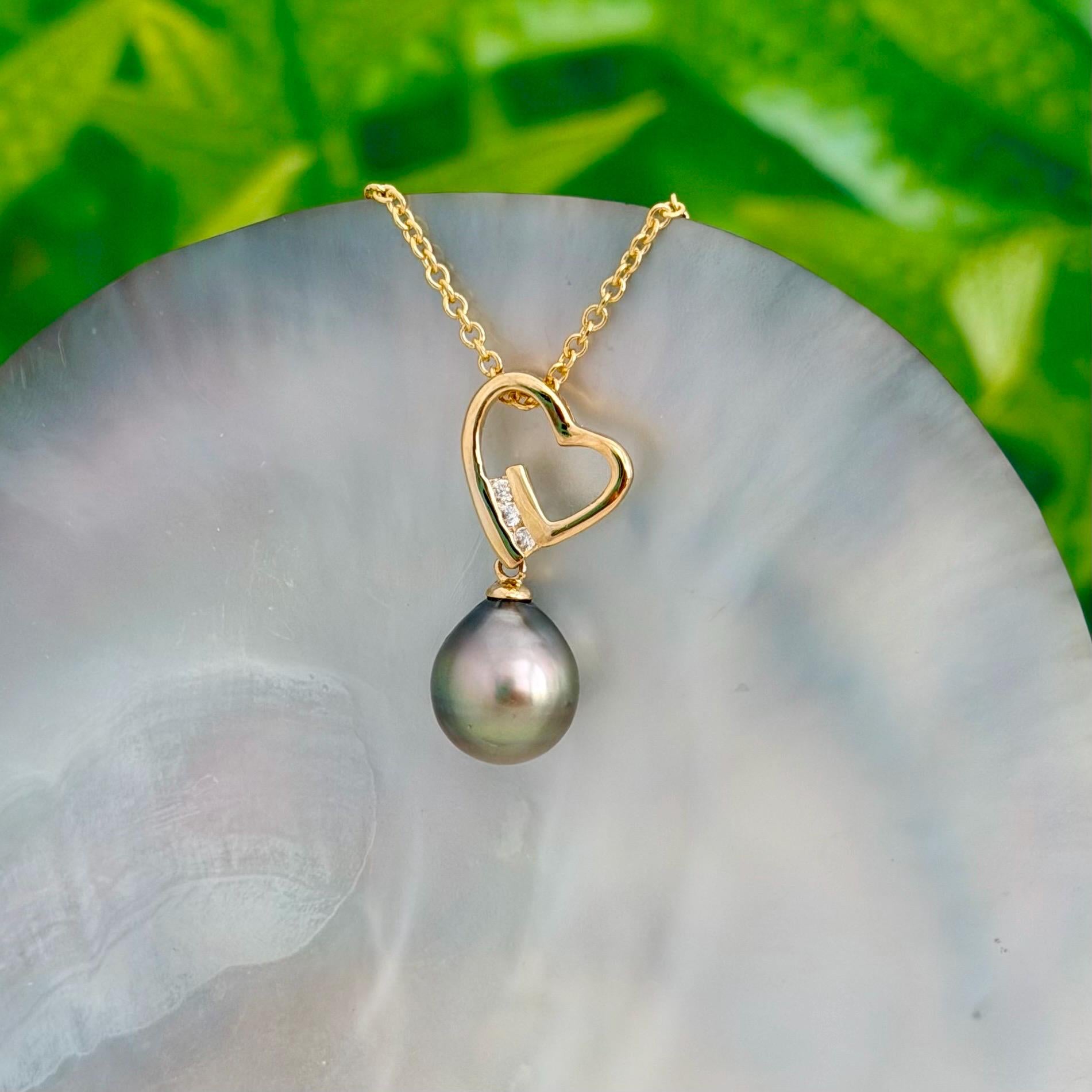 Tahitian Pearl Heart Necklace: Gold plated, CZ Accent pendant • Gold pearl