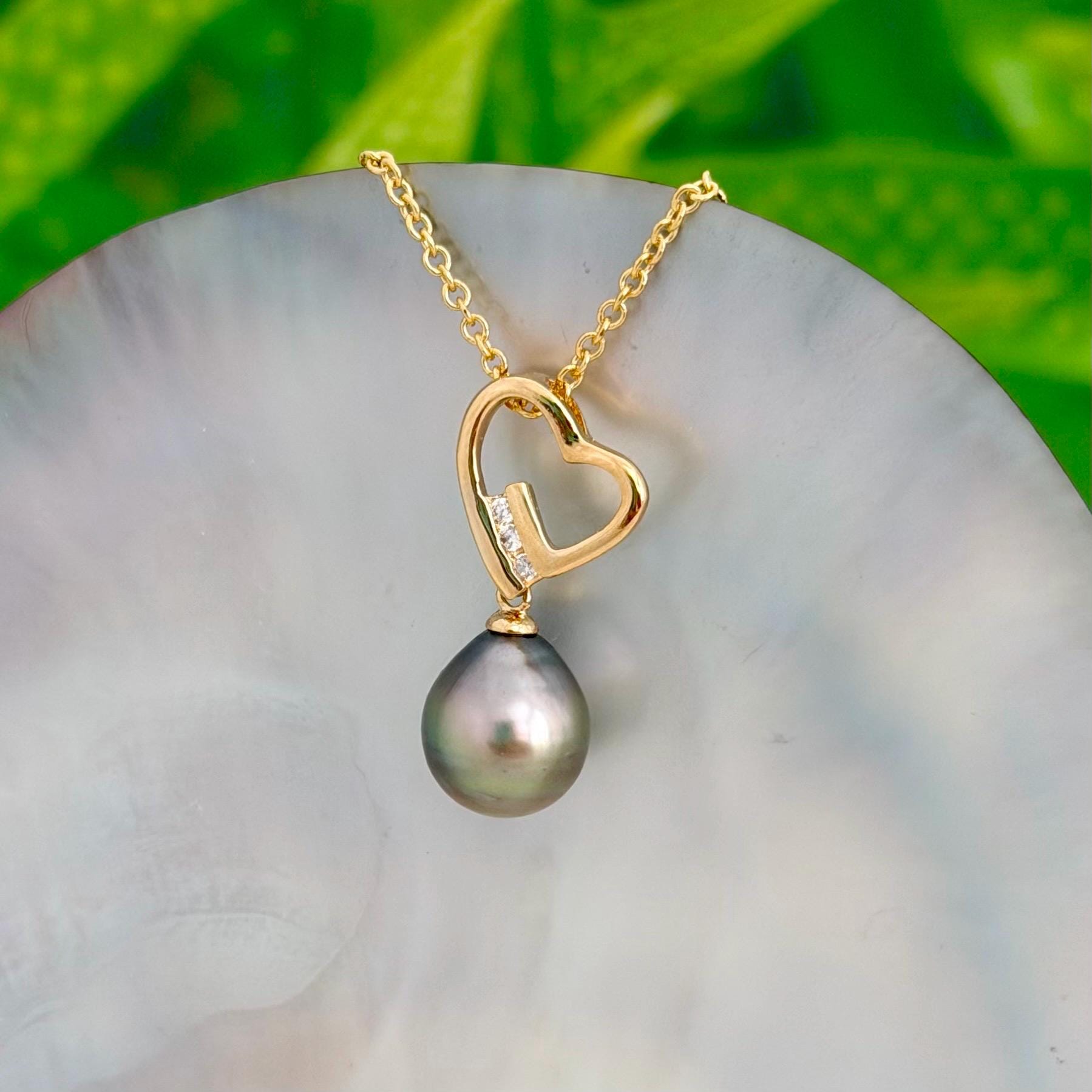 Tahitian Pearl Heart Necklace: Gold plated, CZ Accent pendant • Gold pearl