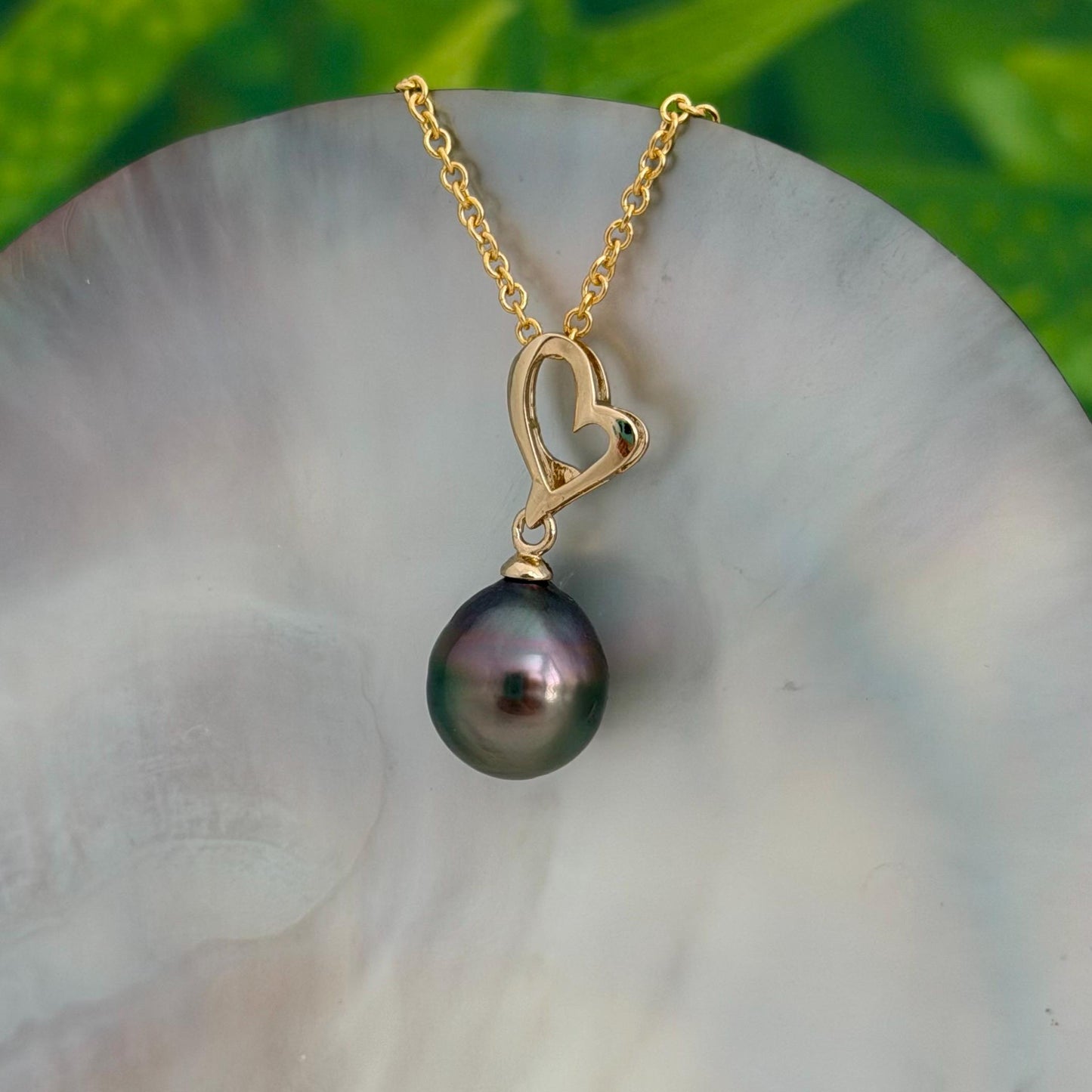 Tahitian Pearl Heart Necklace • Peacock color • Gold vermeil pendant