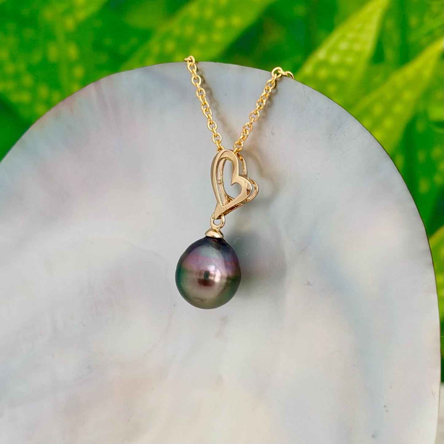 Tahitian Pearl Heart Necklace • Peacock color • Gold vermeil pendant