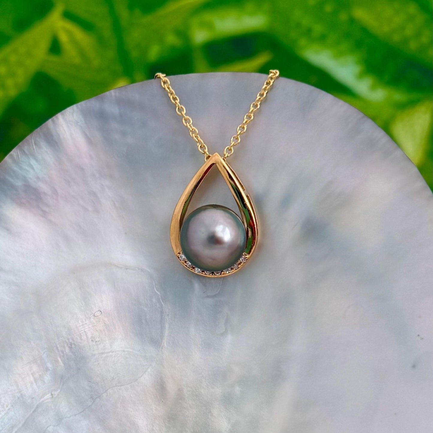 Teardrop Tahitian pearl pendant with beautiful peacock • Statement necklace with CZ