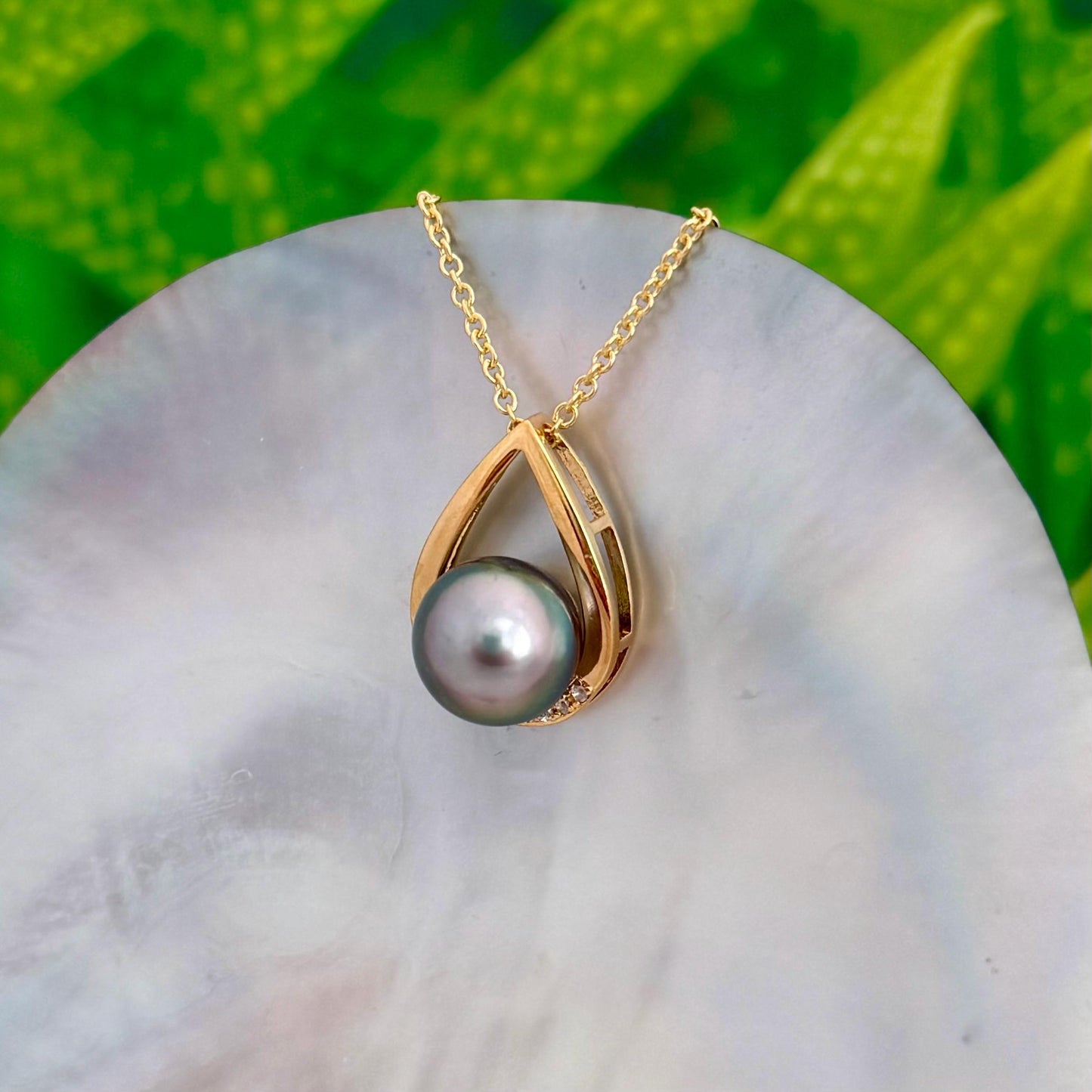 Teardrop Tahitian pearl pendant with beautiful peacock • Statement necklace with CZ