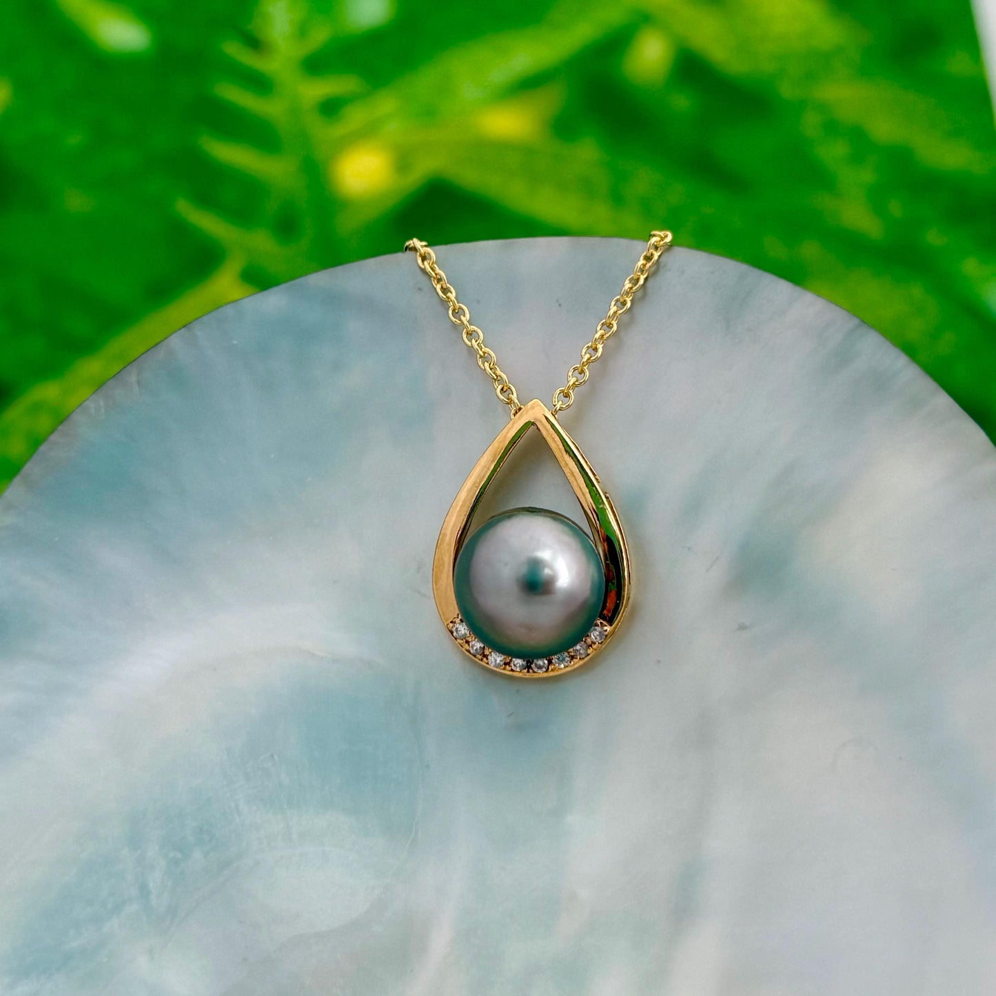 Teardrop Tahitian pearl pendant with beautiful peacock • Statement necklace with CZ