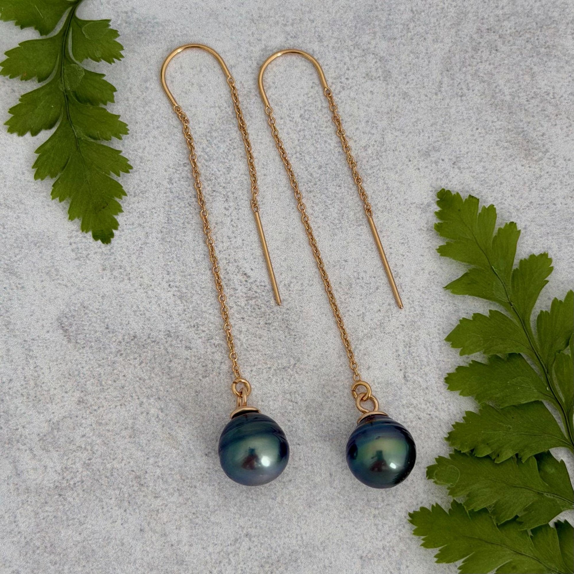 gold filled threader earrings with tahitian black pearl