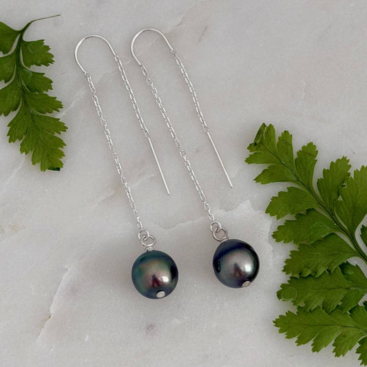 sterling silver threader earrings with tahitian black pearl