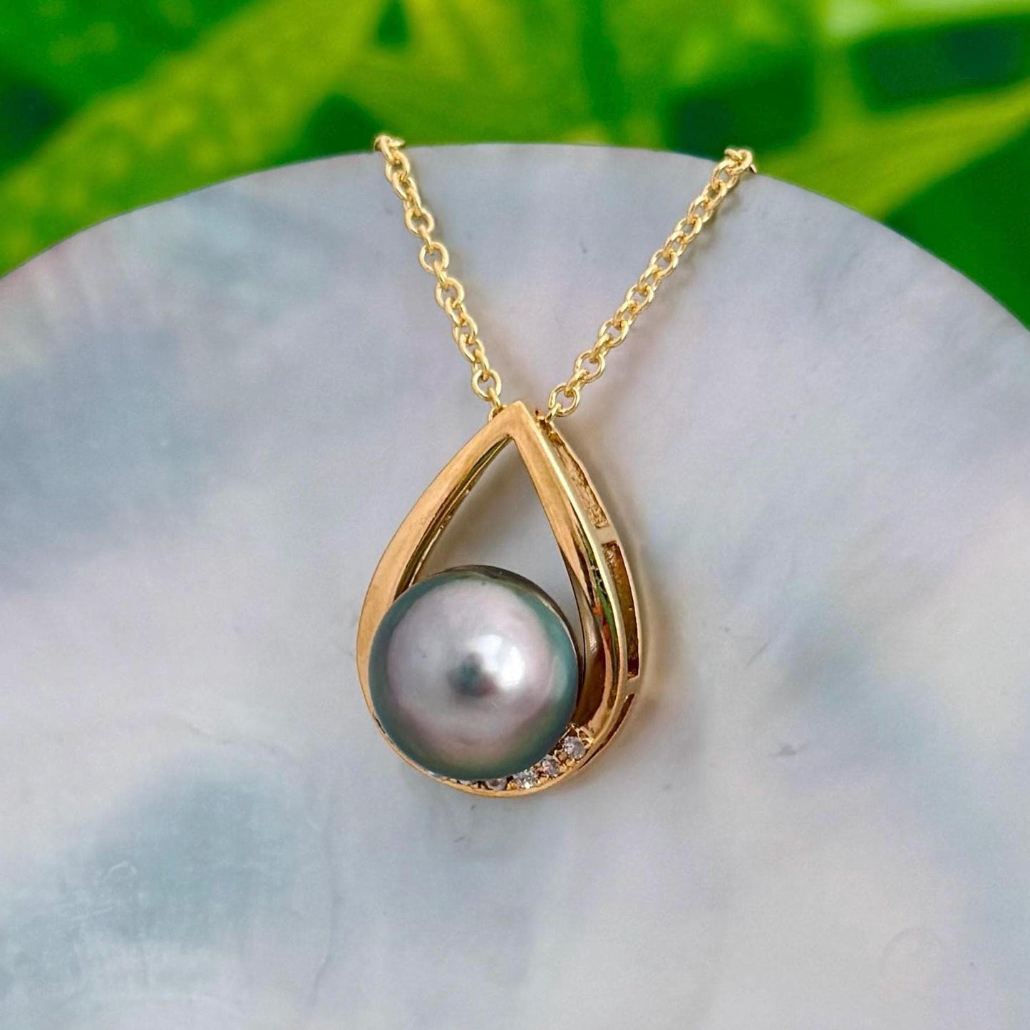 Teardrop Tahitian pearl pendant with beautiful peacock • Statement necklace with CZ