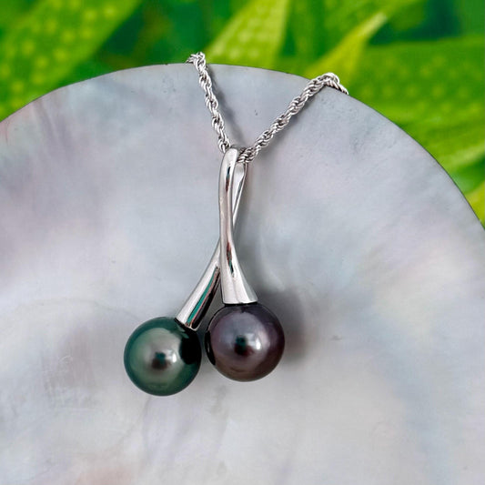 Tahitian pearl necklace • Double pearl pendant • Sterling silver You and Me design • Aubergine and Green