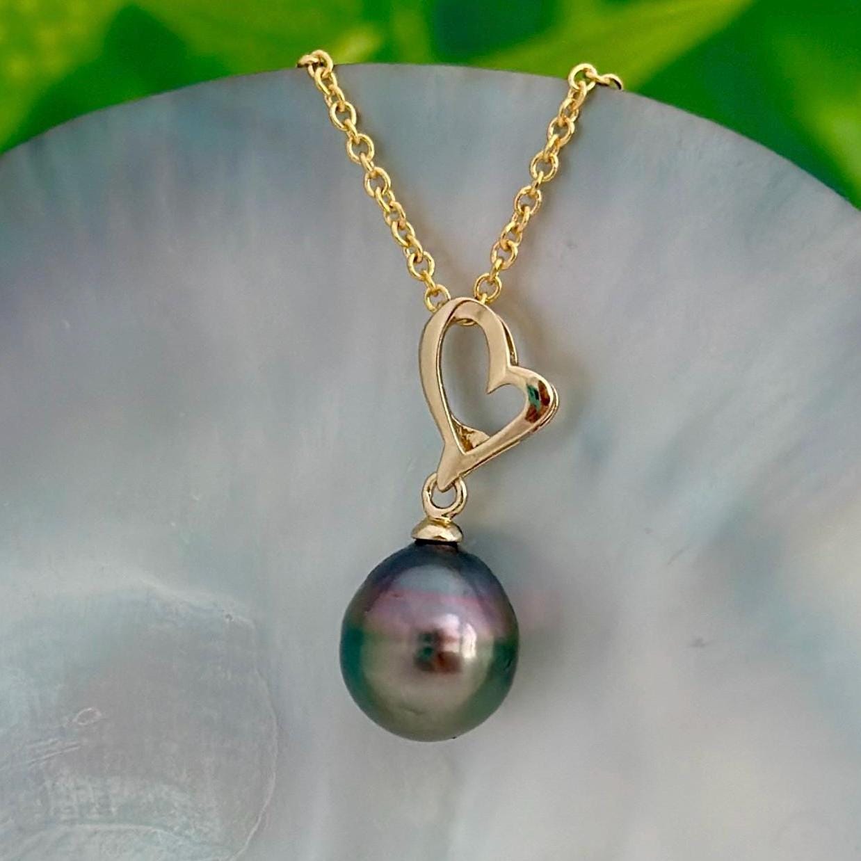 Tahitian Pearl Heart Necklace • Peacock color • Gold vermeil pendant