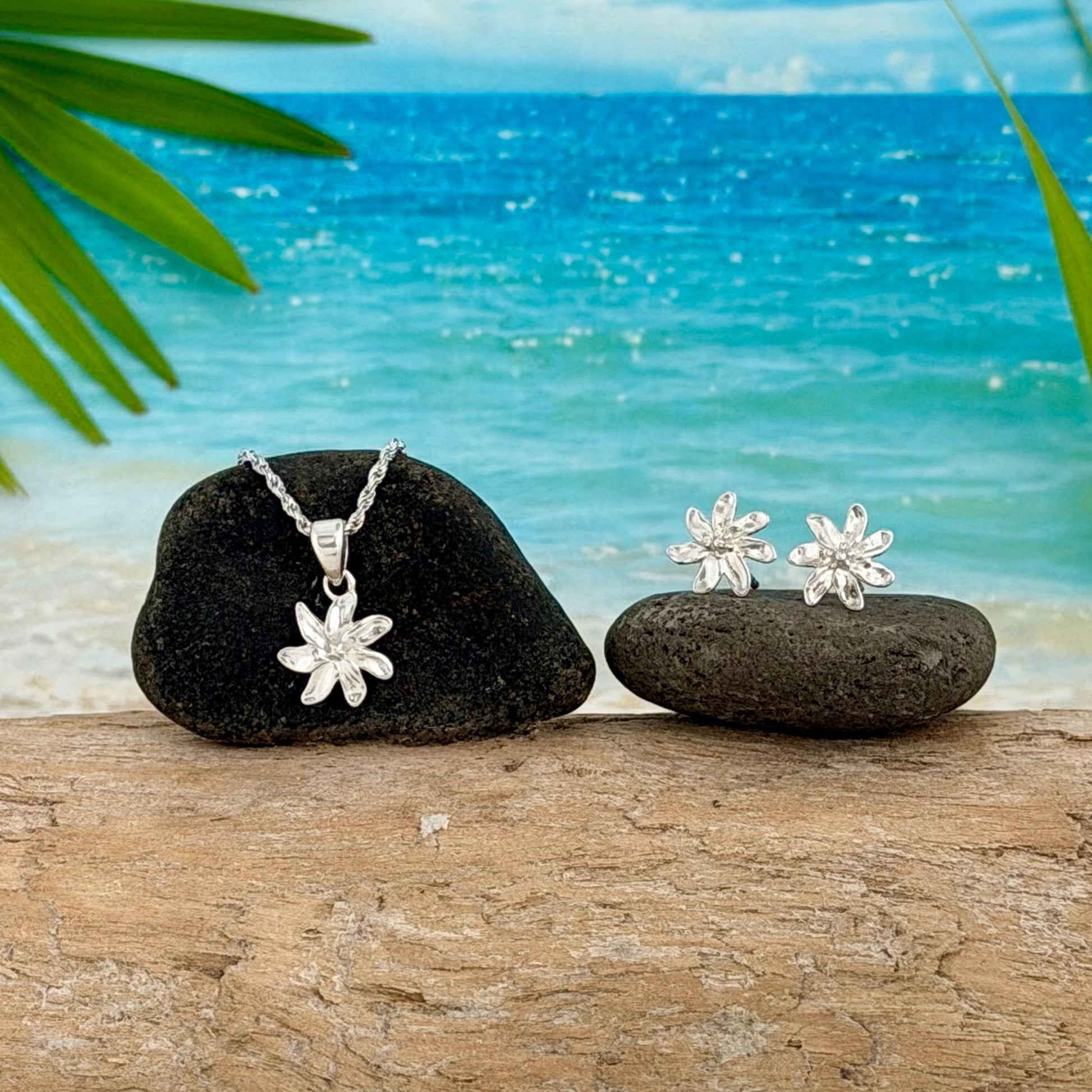 Sterling Silver Tiare Flower Stud Earrings: Tahitian Gardenia