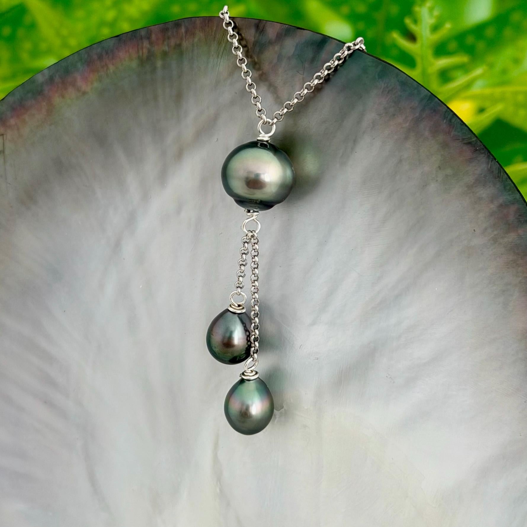 Tahitian pearl necklace with 3 pearls • Dangle Gold filled jewelry