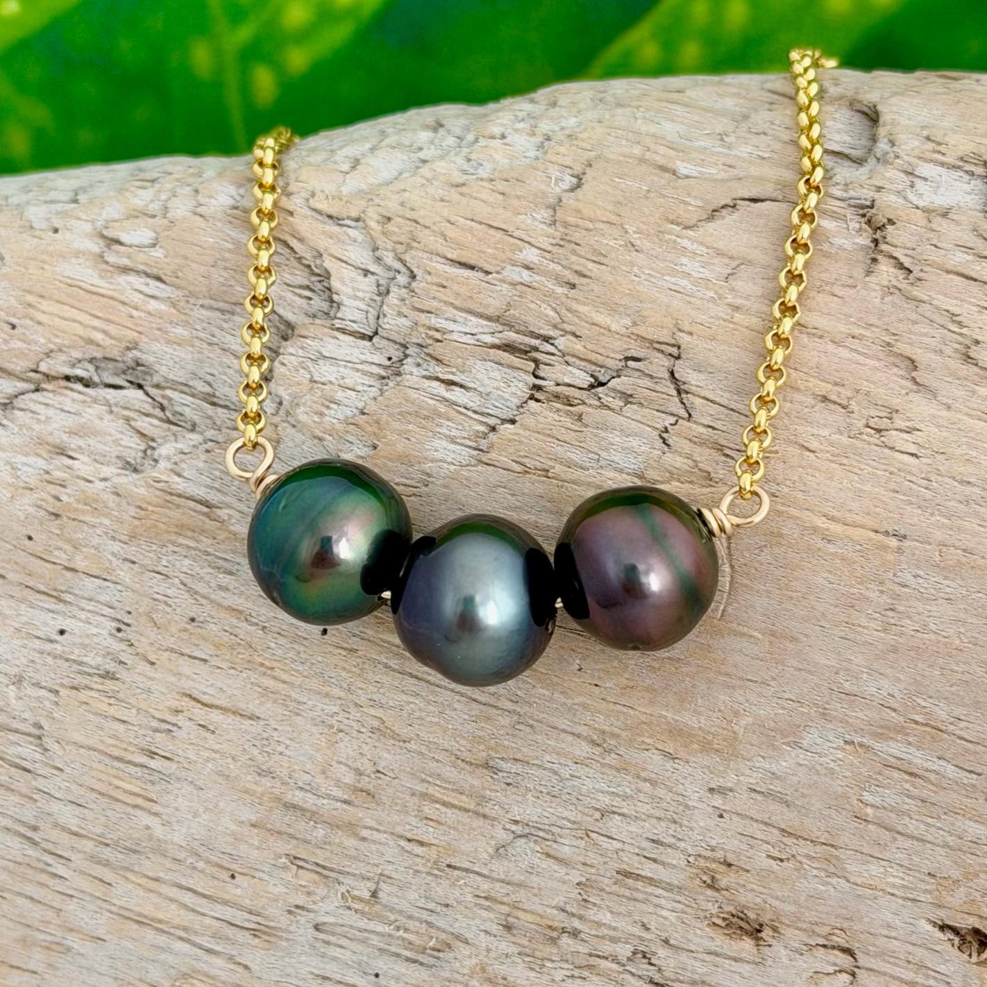 Tahitian pearl necklace 11mm+ multicolor — Purple Blue Pink Green color • Gold filled • Luxury jewelry