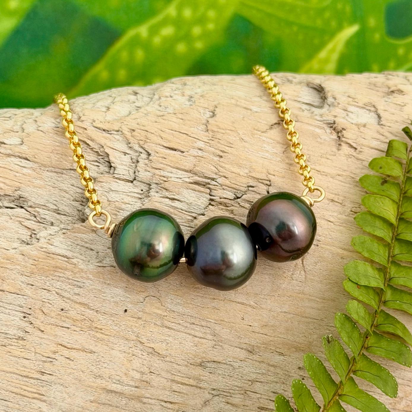Tahitian pearl necklace 11mm+ multicolor — Purple Blue Pink Green color • Gold filled • Luxury jewelry