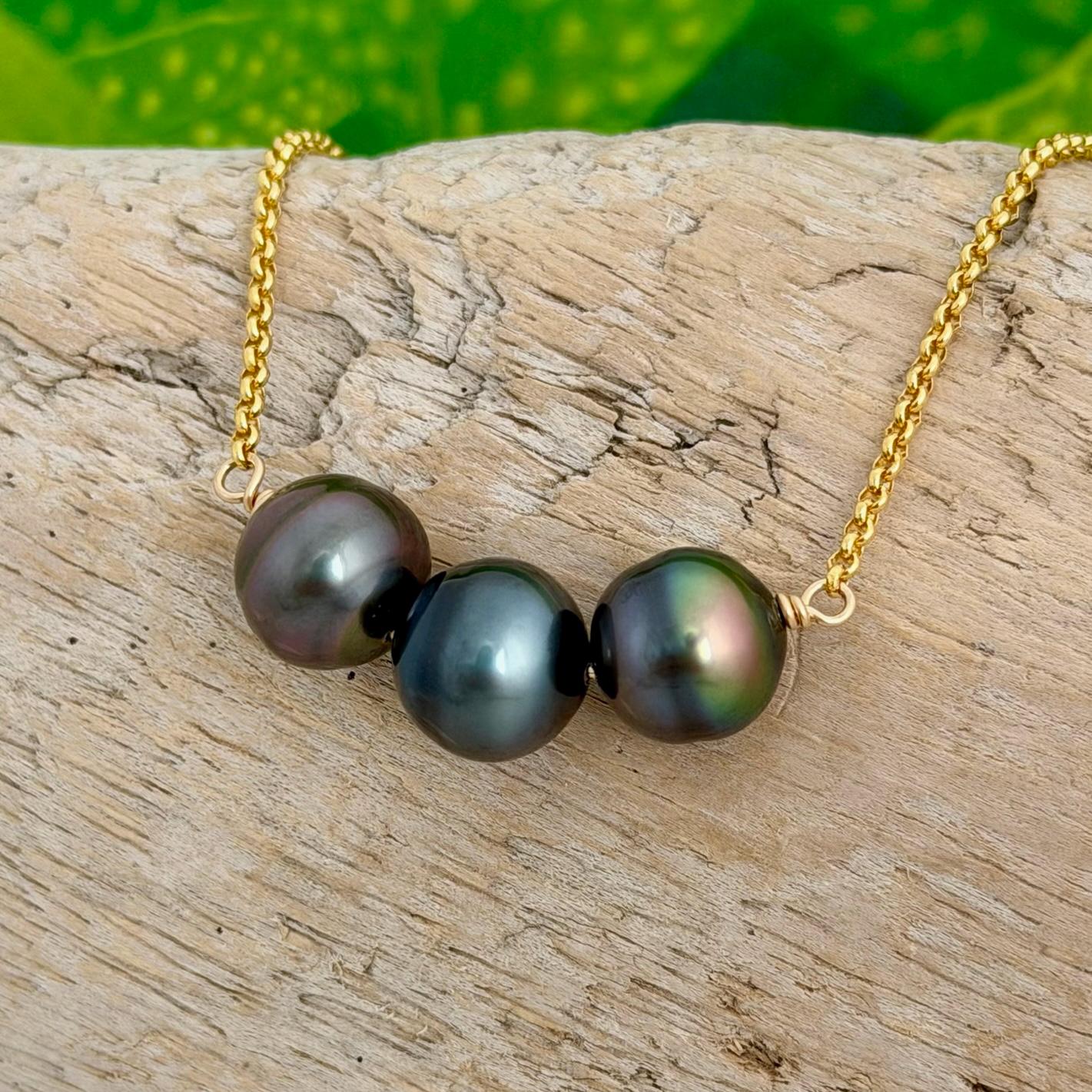 Tahitian pearl necklace 11mm+ multicolor — Purple Blue Pink Green color • Gold filled • Luxury jewelry