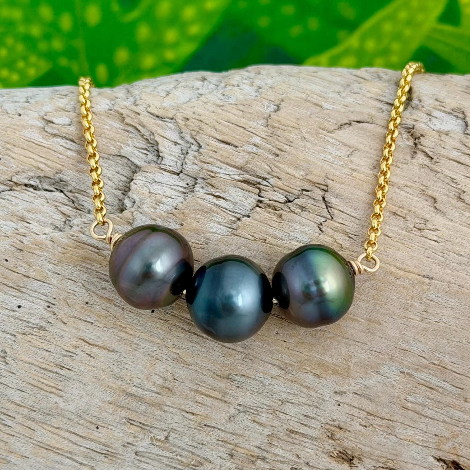 Tahitian pearl necklace 11mm+ multicolor — Purple Blue Pink Green color • Gold filled • Luxury jewelry