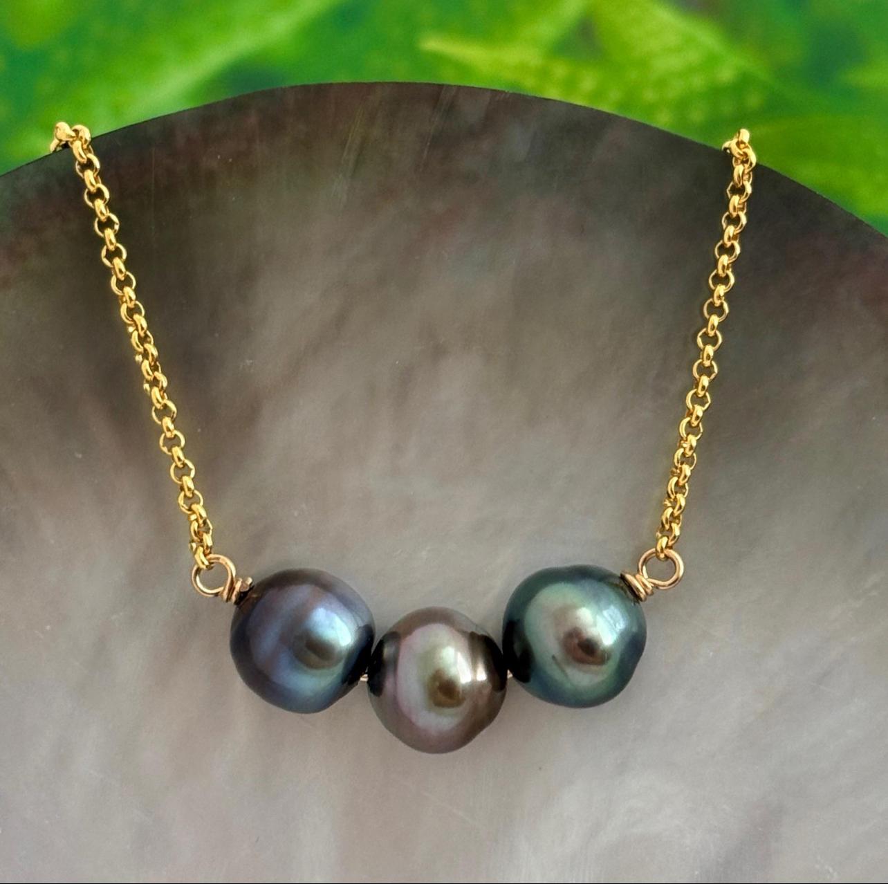 Tahitian pearl necklace 11mm+ multicolor — Purple Blue Pink Green color • Gold filled • Luxury jewelry