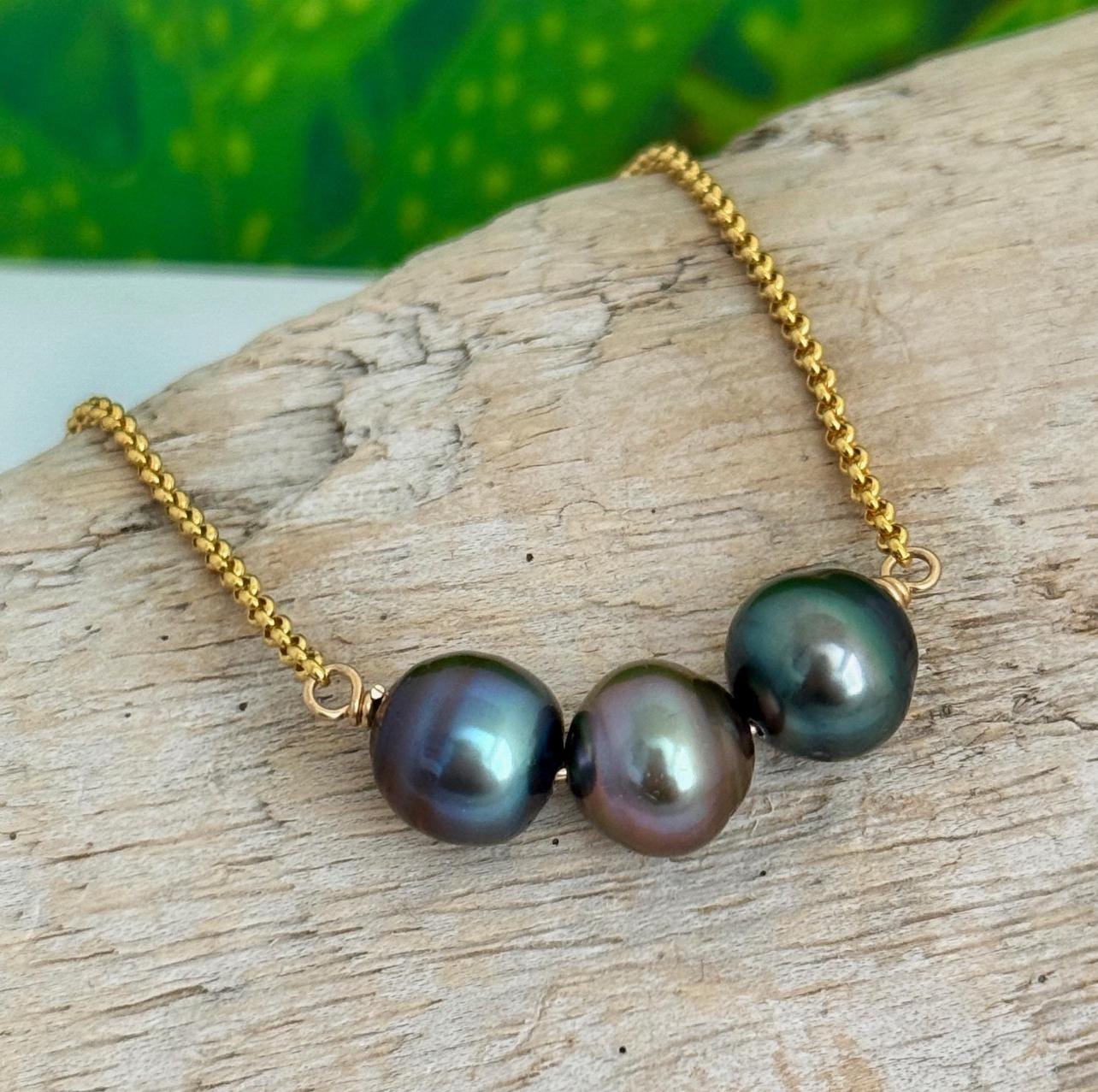 Tahitian pearl necklace 11mm+ multicolor — Purple Blue Pink Green color • Gold filled • Luxury jewelry