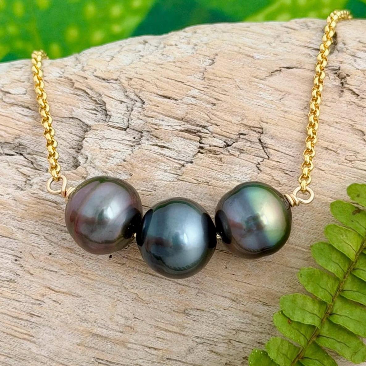 Tahitian pearl necklace 11mm+ multicolor — Purple Blue Pink Green color • Gold filled • Luxury jewelry