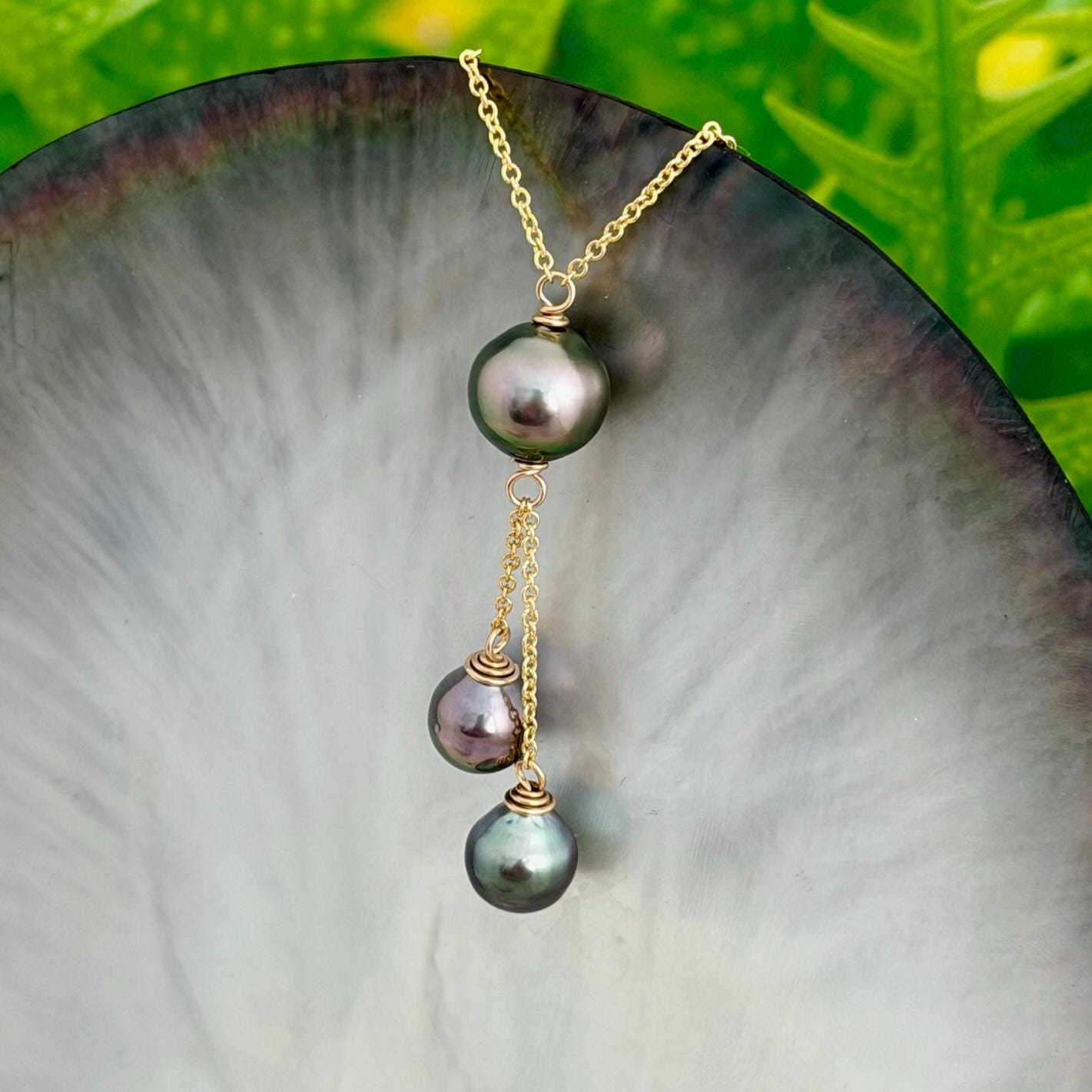 Multicolor Triple dangle Tahitian pearl necklace • Gold filled jewelry