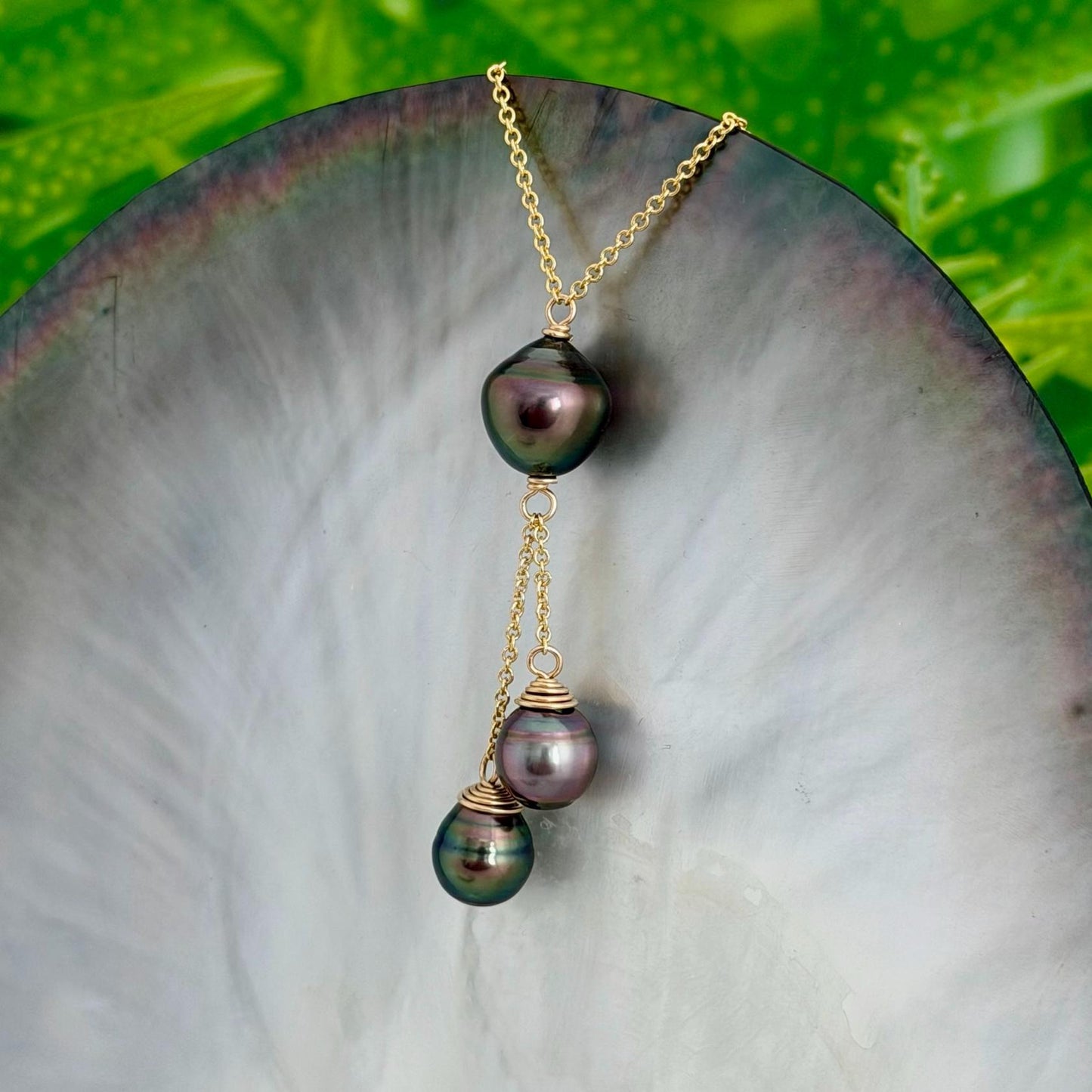 Multicolor Triple dangle Tahitian pearl necklace • Gold filled jewelry