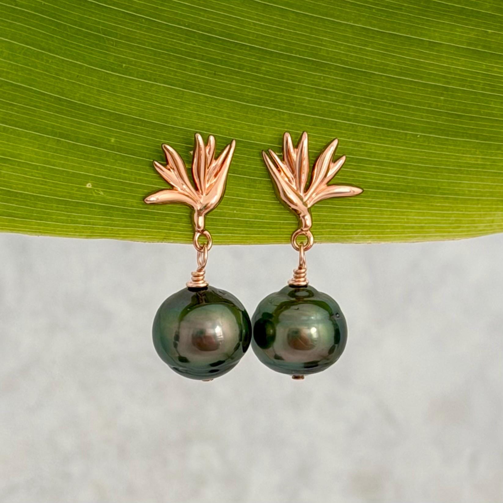 Tahitian Pearl Earrings • Rose Gold Bird of Paradise Studs • Hawaiian Jewelry Gift
