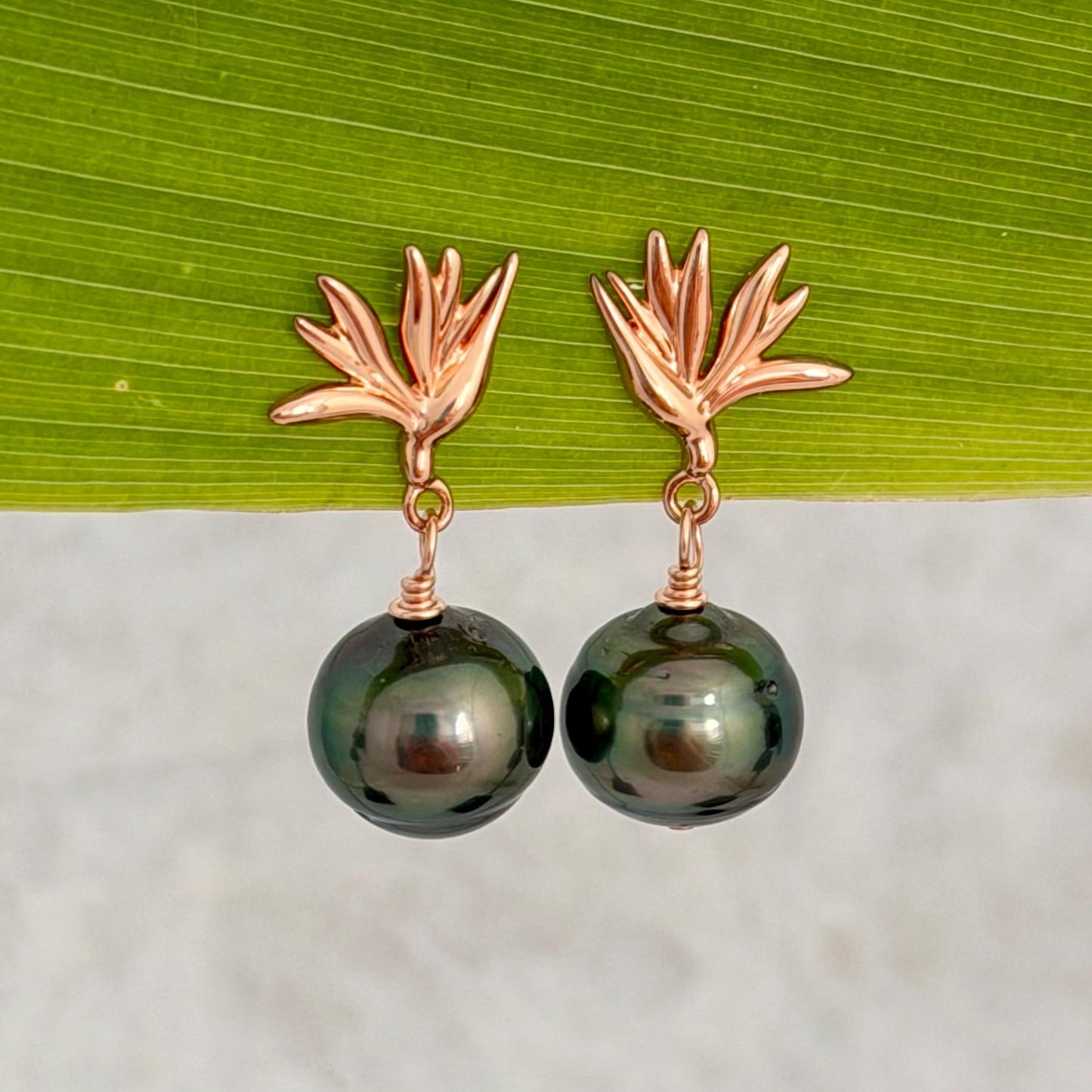 Tahitian Pearl Earrings • Rose Gold Bird of Paradise Studs • Hawaiian Jewelry Gift