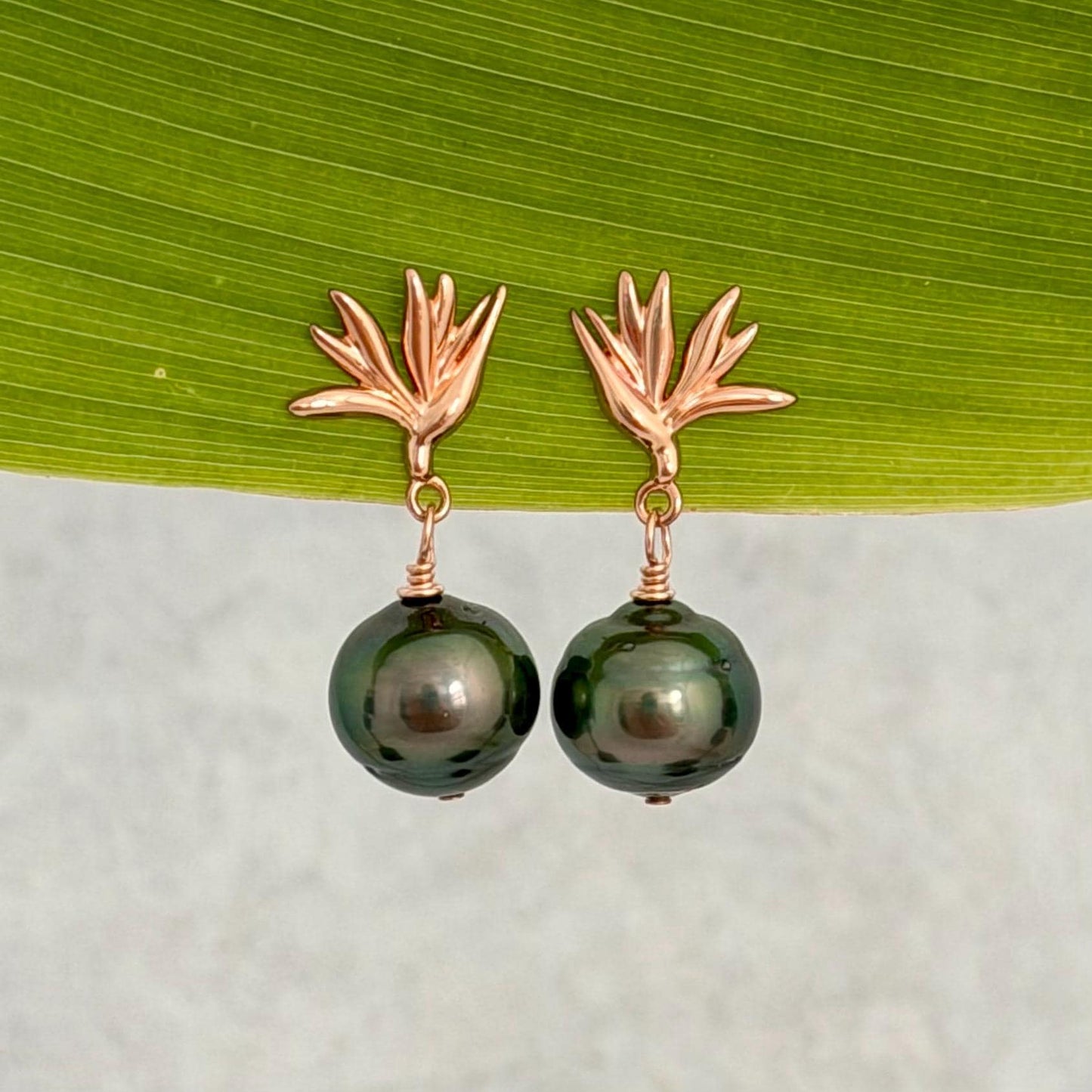 Tahitian Pearl Earrings • Rose Gold Bird of Paradise Studs • Hawaiian Jewelry Gift