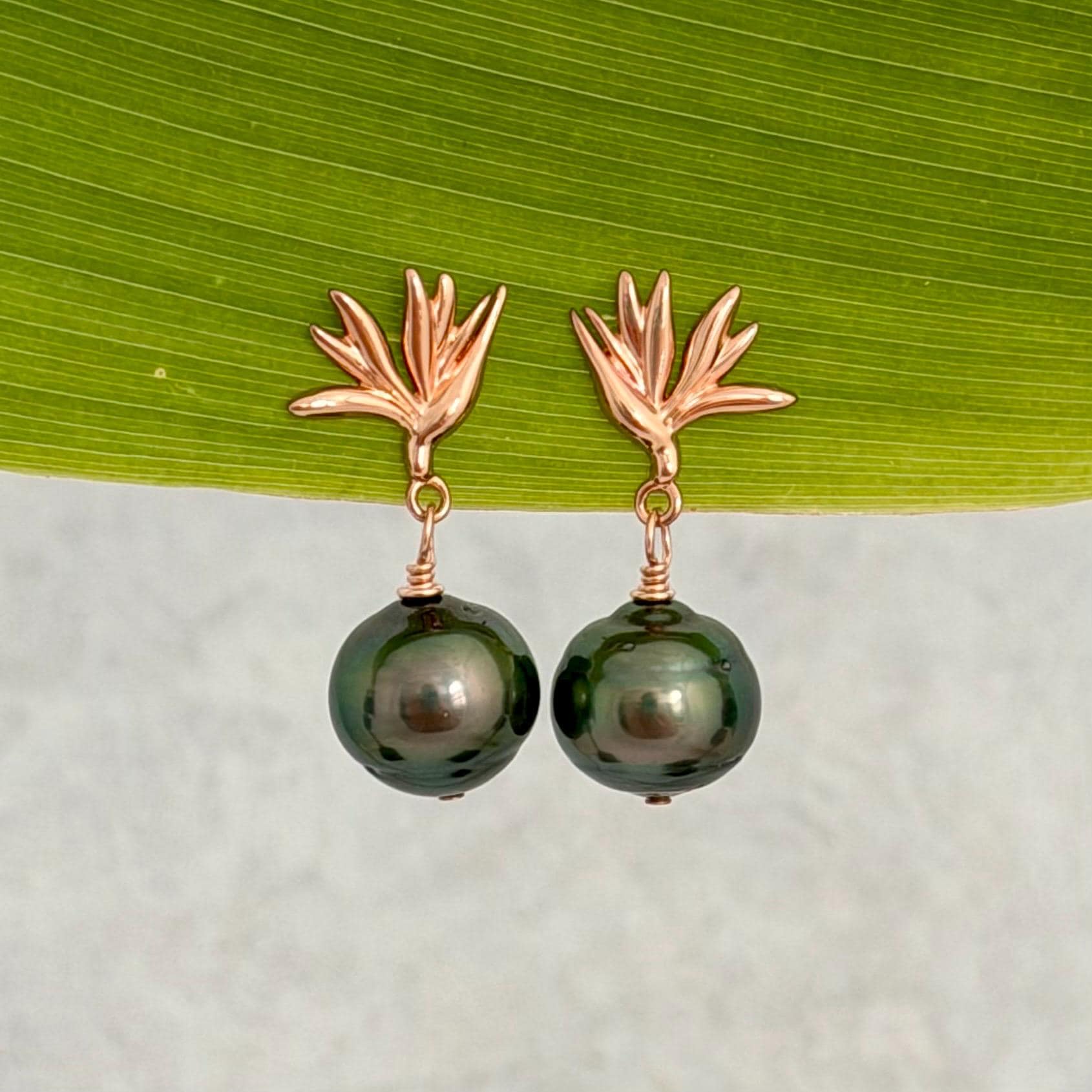 Tahitian Pearl Earrings • Rose Gold Bird of Paradise Studs • Hawaiian Jewelry Gift