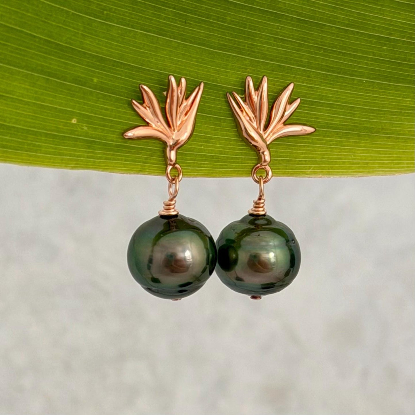 Tahitian Pearl Earrings • Rose Gold Bird of Paradise Studs • Hawaiian Jewelry Gift