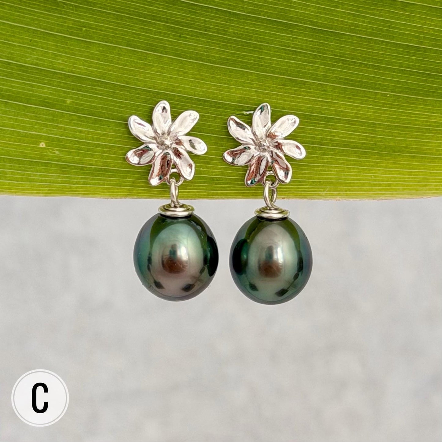 Tahitian pearl earrings — Gardenia Tiare flower • Sterling silver jewelry