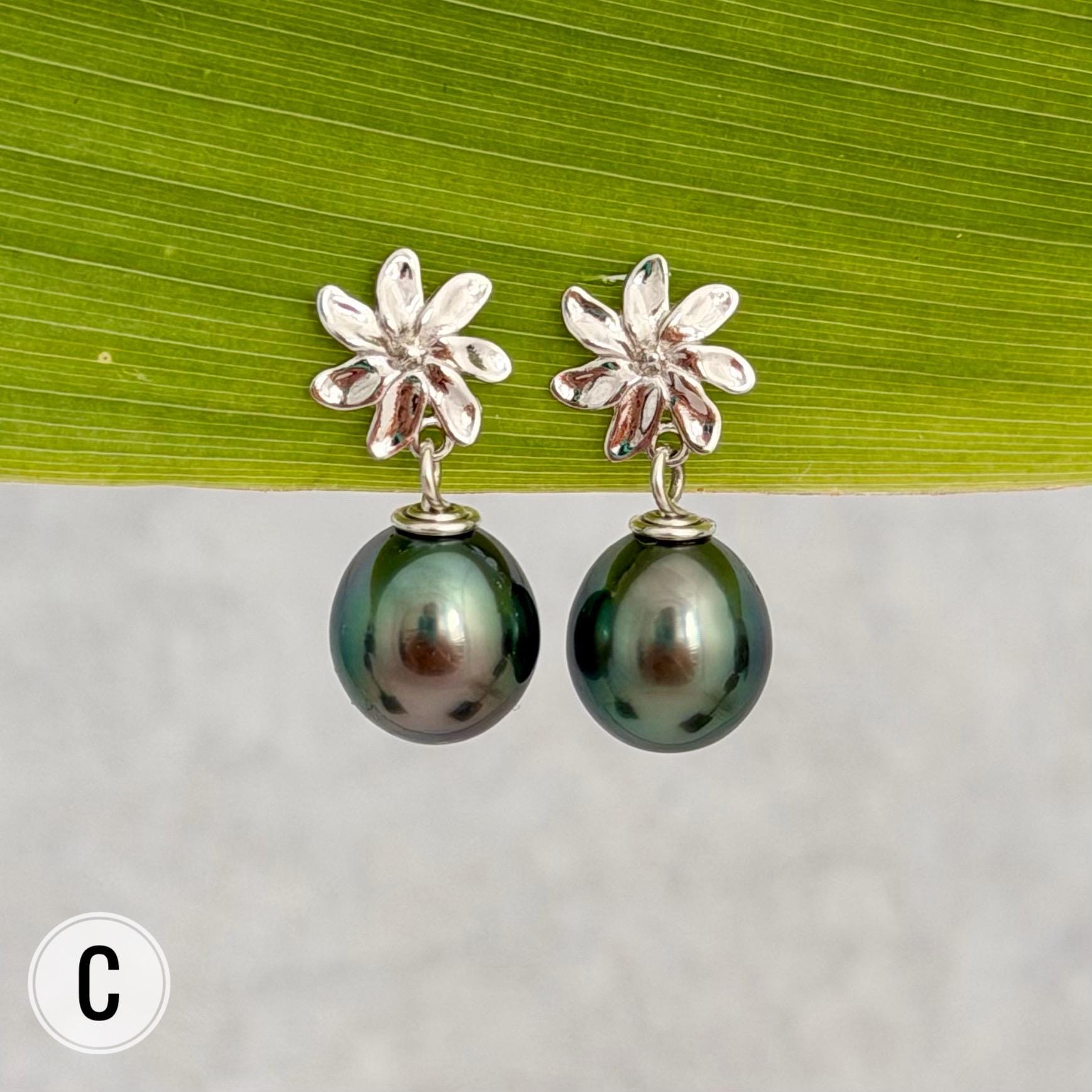 Tahitian pearl earrings — Gardenia Tiare flower • Sterling silver jewelry