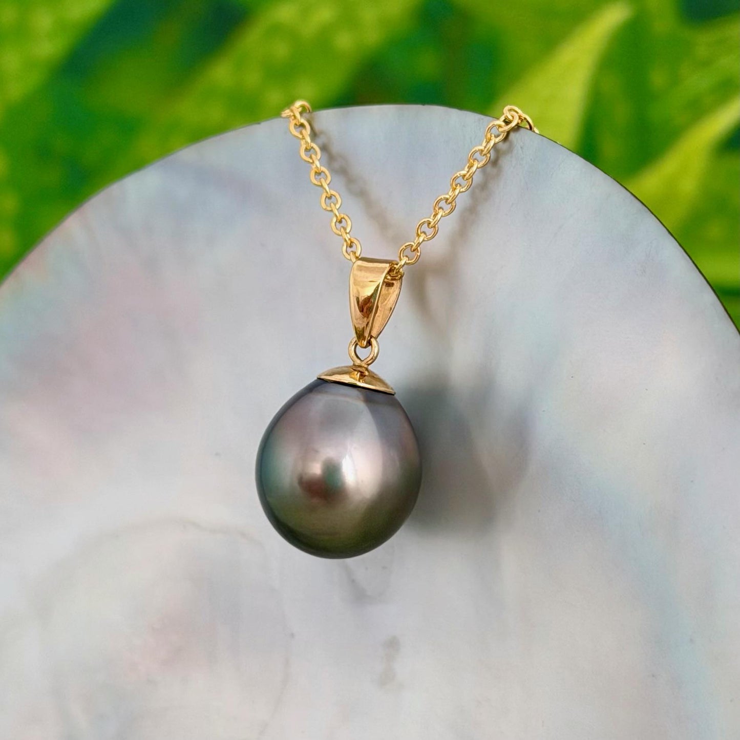 12.3mm Peacock Tahitian Pearl Pendant: Solid Gold • Minimalist Necklace, Colorful Overtone