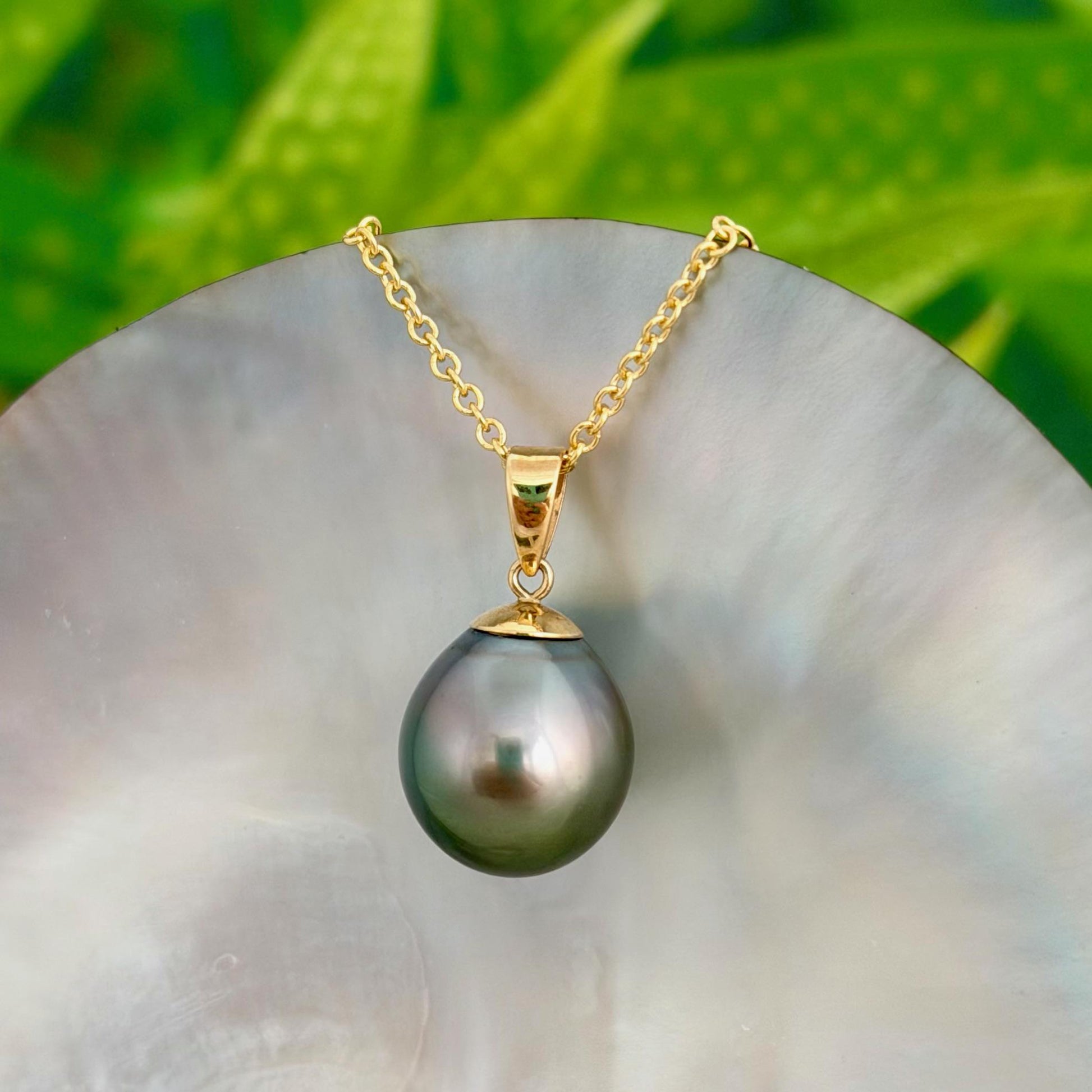 12.3mm Peacock Tahitian Pearl Pendant: Solid Gold • Minimalist Necklace, Colorful Overtone